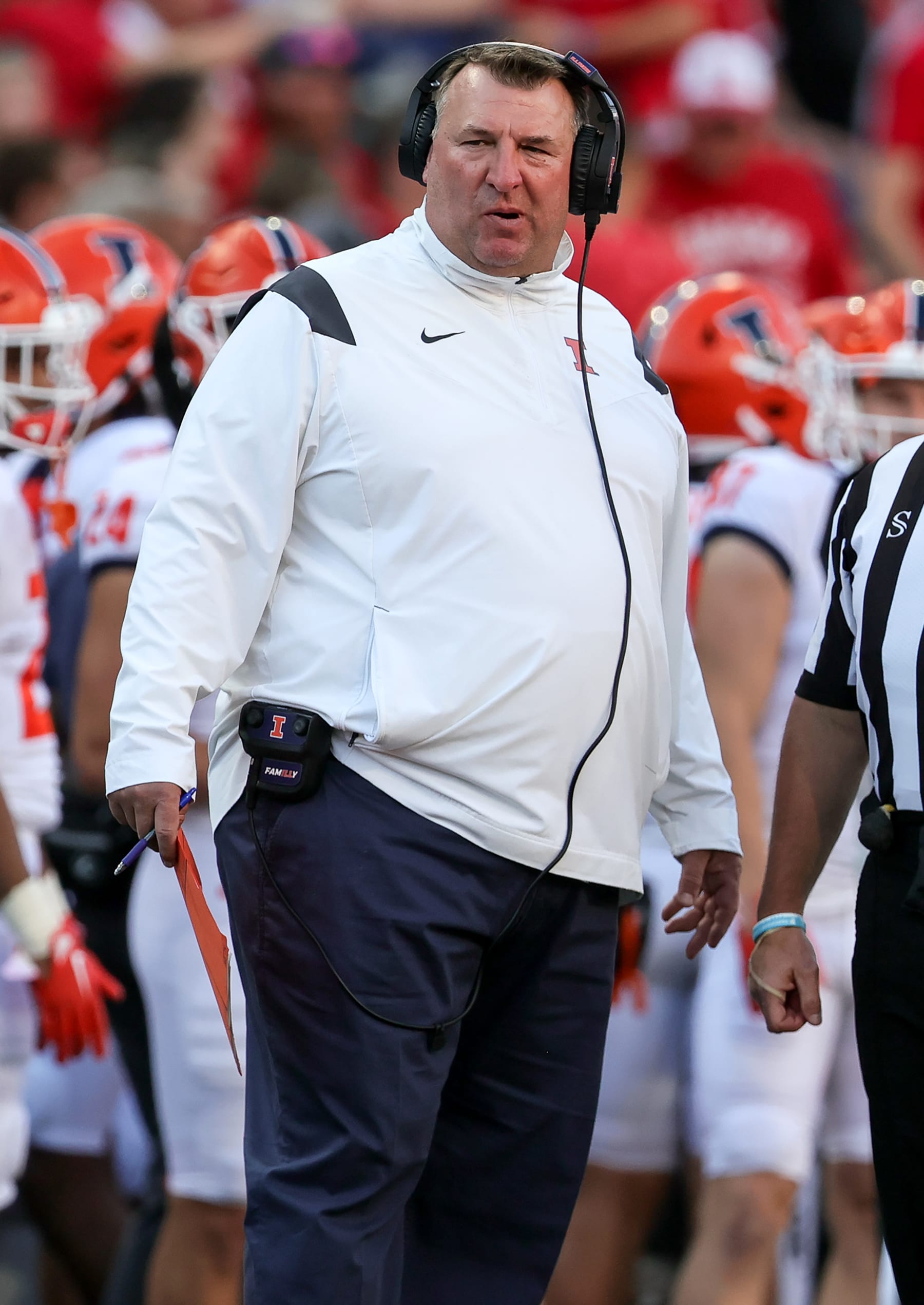 LINCOLN, NE - OCTOBER 29: Illinois Fighting Illini head coach Bret Bielema looks on from the sideline during a college football game between the Illinois Fighting Illini and the Nebraska Cornhuskers on Saturday, October 29, 2022 at Memorial Stadium in Lincoln, NE. (Photo by Steve Nurenberg/Icon Sportswire via Getty Images)