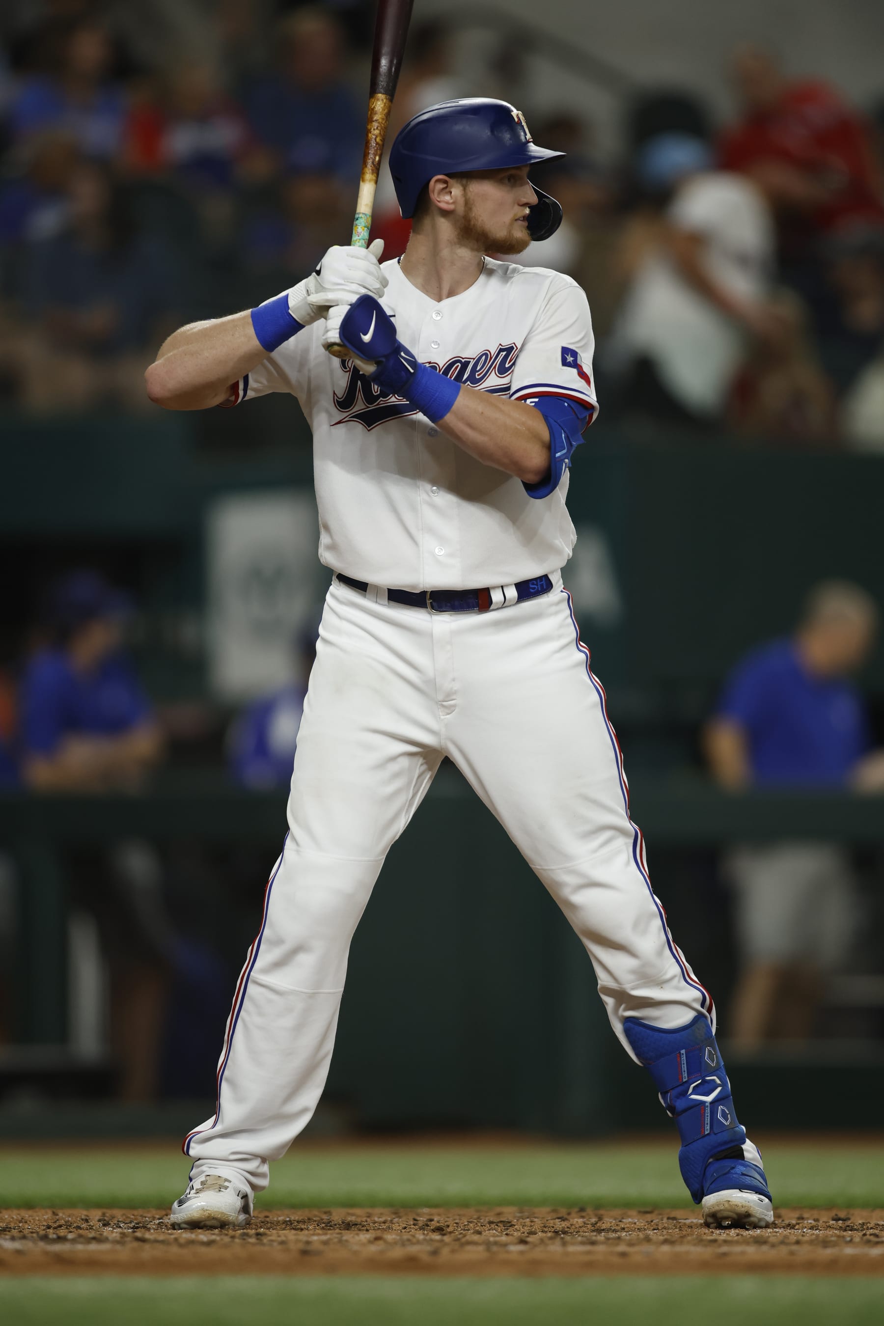 ARLINGTON, TEXAS - AUGUST 02: Sam Huff #55 of the Texas Rangers bats in the third inning against the Chicago White Sox at Globe Life Field on August 02, 2023 in Arlington, Texas. (Photo by Tim Heitman/Getty Images)