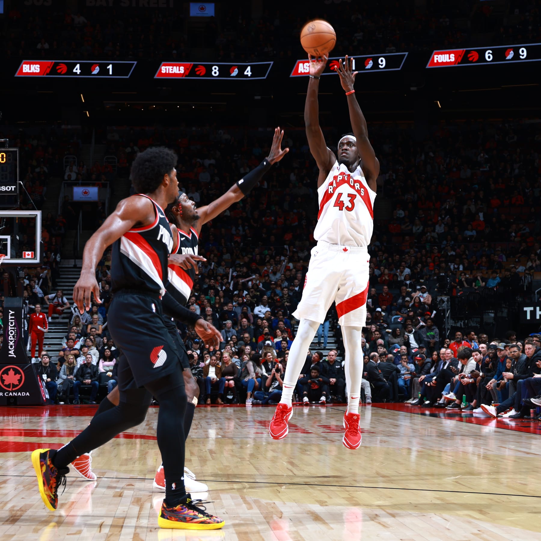 TORONTO, CANADA - OCTOBER 30: Pascal Siakam #43 of the Toronto Raptors shoots the ball during the game against the Portland Trail Blazers on October 23, 2023 at the Scotiabank Arena in Toronto, Ontario, Canada.  NOTE TO USER: User expressly acknowledges and agrees that, by downloading and or using this Photograph, user is consenting to the terms and conditions of the Getty Images License Agreement.  Mandatory Copyright Notice: Copyright 2023 NBAE (Photo by Vaughn Ridley/NBAE via Getty Images)