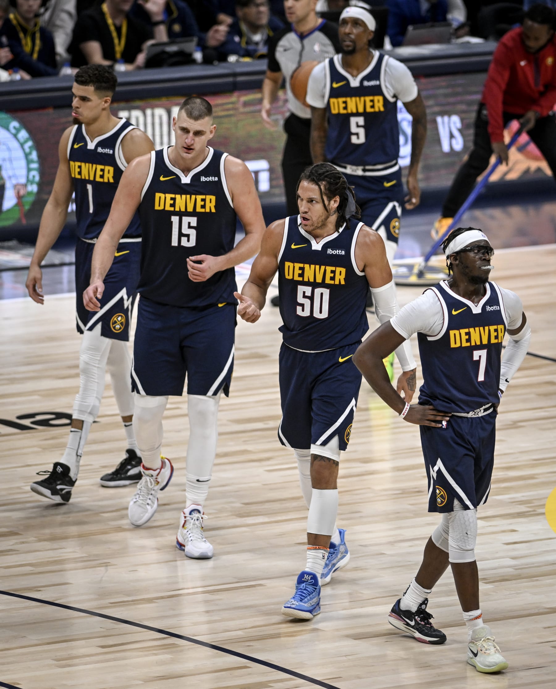 Kentavious Caldwell-Pope, Michael Porter Jr., Nikola JokiÄ, Aaron Gordon and Reggie Jackson
