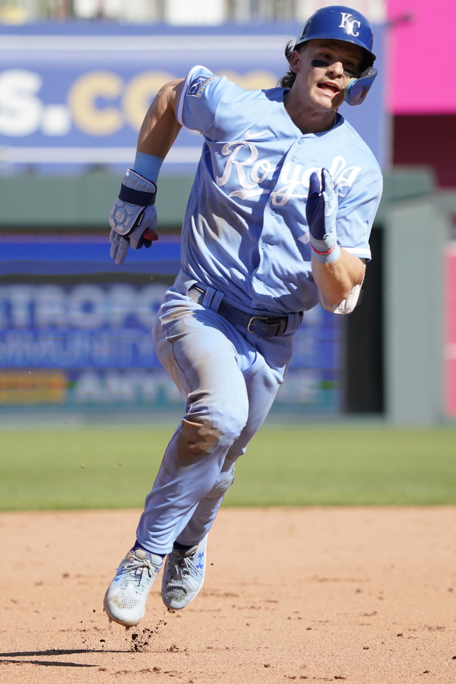 KANSAS CITY, MISSOURI - OCTOBER 01:  Bobby Witt Jr. #7 of the Kansas City Royals runs to third after hitting a triple against the New York Yankees at Kauffman Stadium on October 01, 2023 in Kansas City, Missouri. (Photo by Ed Zurga/Getty Images)
