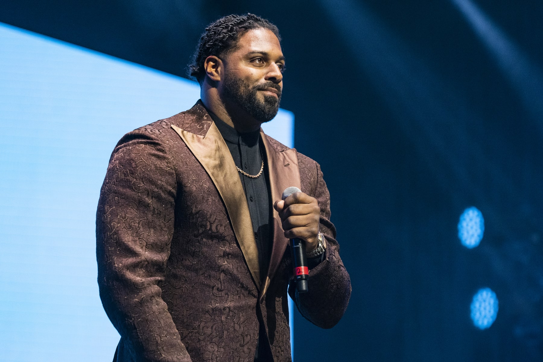 NEW ORLEANS, LOUISIANA - MARCH 12: Cam Jordan of the New Orleans Saints speaks onstage during the Answer ALS And Team Gleason Game Changer Gala at Hyatt Regency New Orleans on March 12, 2022 in New Orleans, Louisiana. (Photo by Erika Goldring/Getty Images)