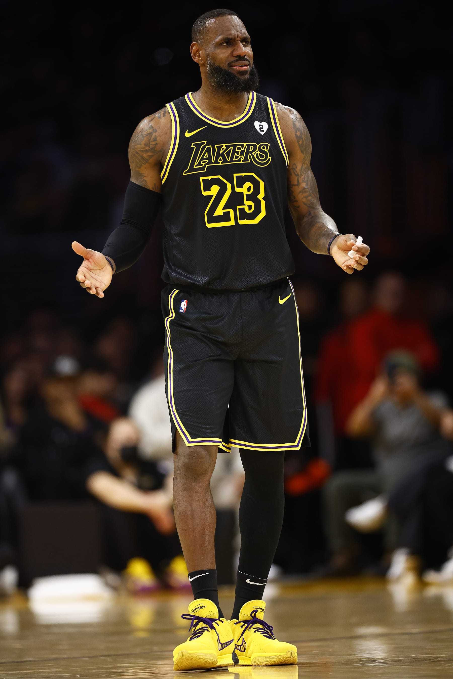 LOS ANGELES, CALIFORNIA - FEBRUARY 08:  LeBron James #23 of the Los Angeles Lakers at Crypto.com Arena on February 08, 2024 in Los Angeles, California.  NOTE TO USER: User expressly acknowledges and agrees that, by downloading and/or using this photograph, user is consenting to the terms and conditions of the Getty Images License Agreement.  (Photo by Ronald Martinez/Getty Images)