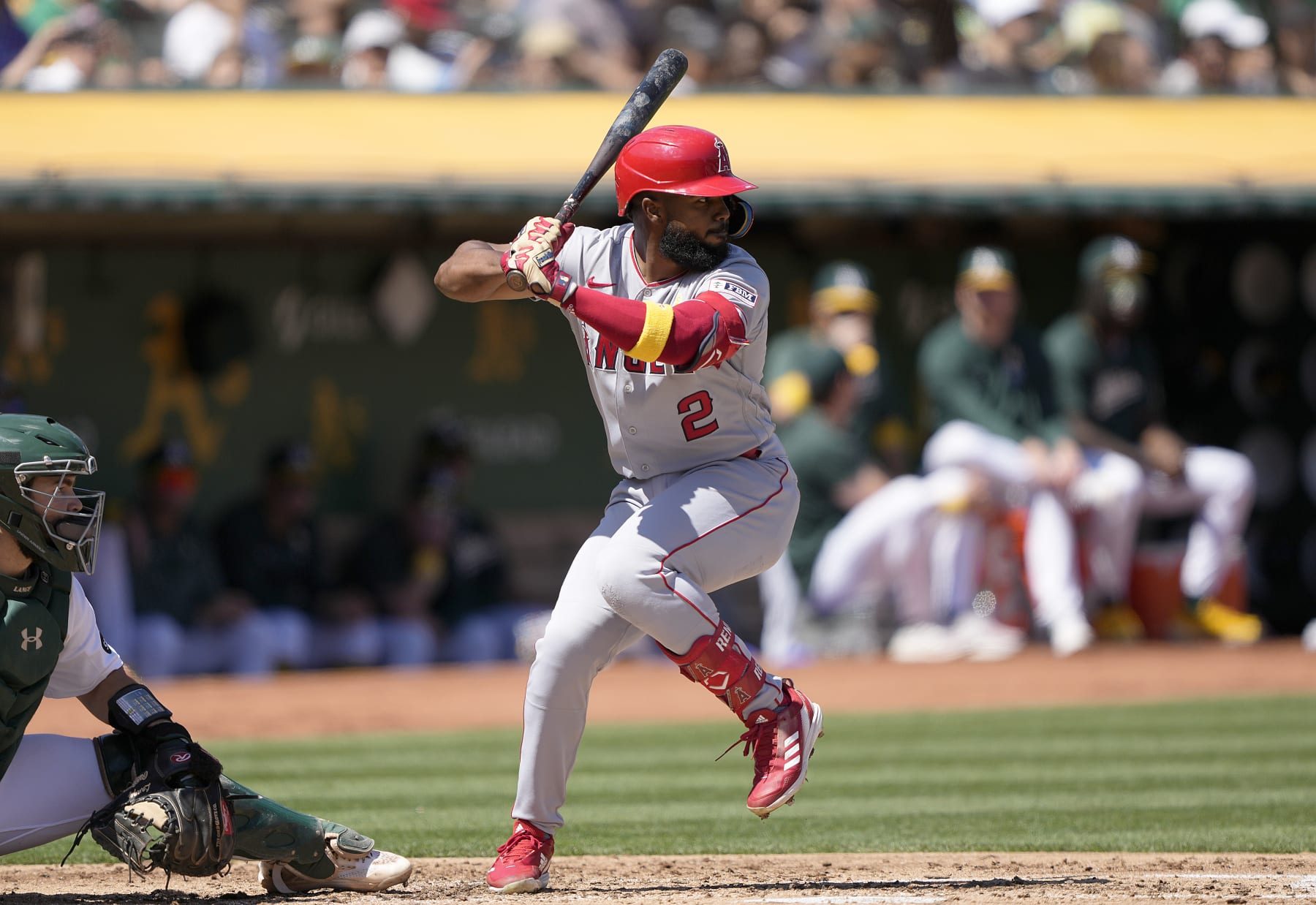 OAKLAND, CALIFORNIA - SEPTEMBER 03: Luis Rengifo #2 of the Los Angeles Angels bats against the Oakland Athletics in the top of the third inning at RingCentral Coliseum on September 03, 2023 in Oakland, California. (Photo by Thearon W. Henderson/Getty Images)