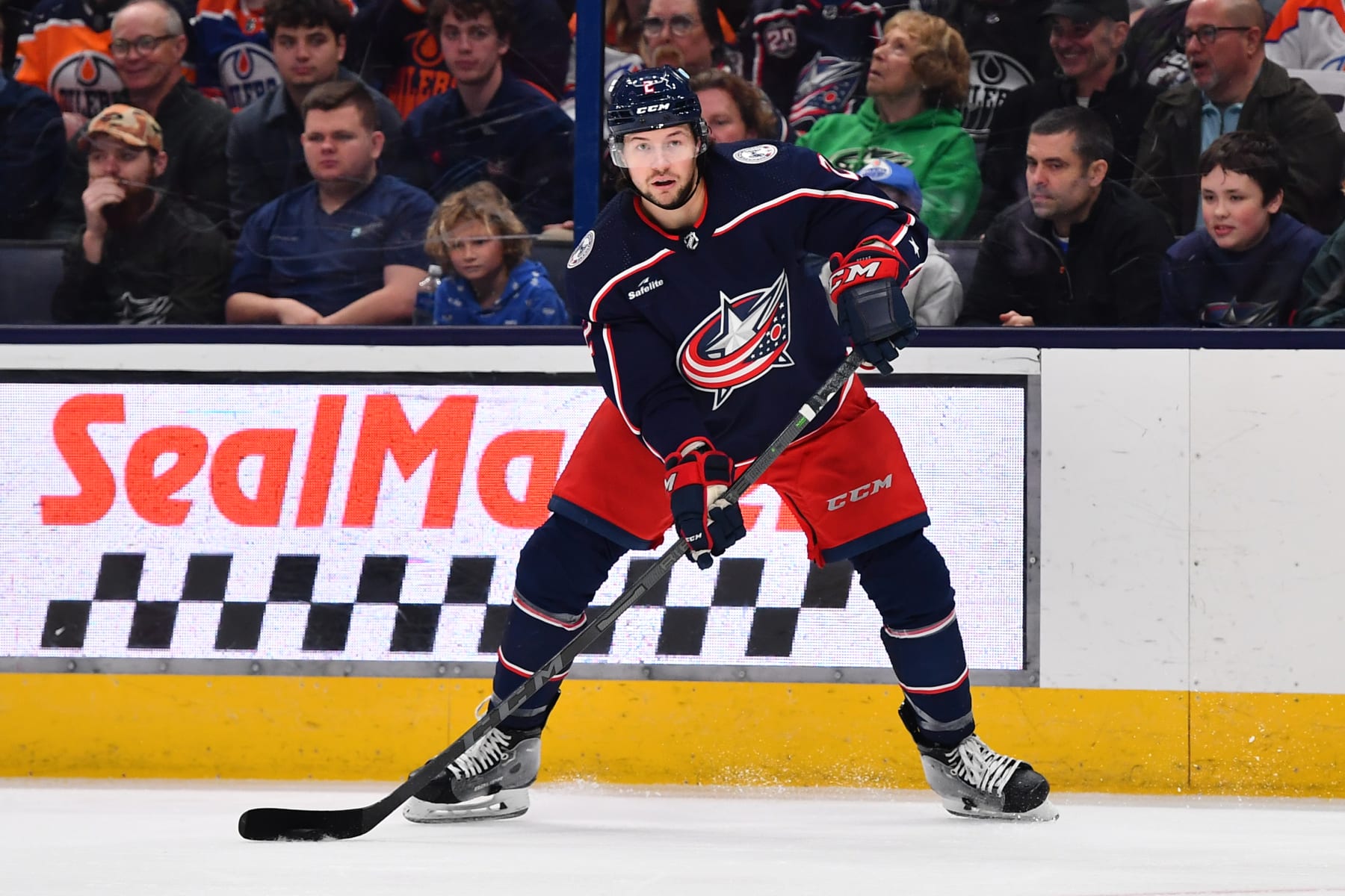 COLUMBUS, OHIO - MARCH 7: Andrew Peeke #2 of the Columbus Blue Jackets skates with the puck during the second period of a game against the Edmonton Oilers at Nationwide Arena on March 7, 2024 in Columbus, Ohio. (Photo by Ben Jackson/NHLI via Getty Images)