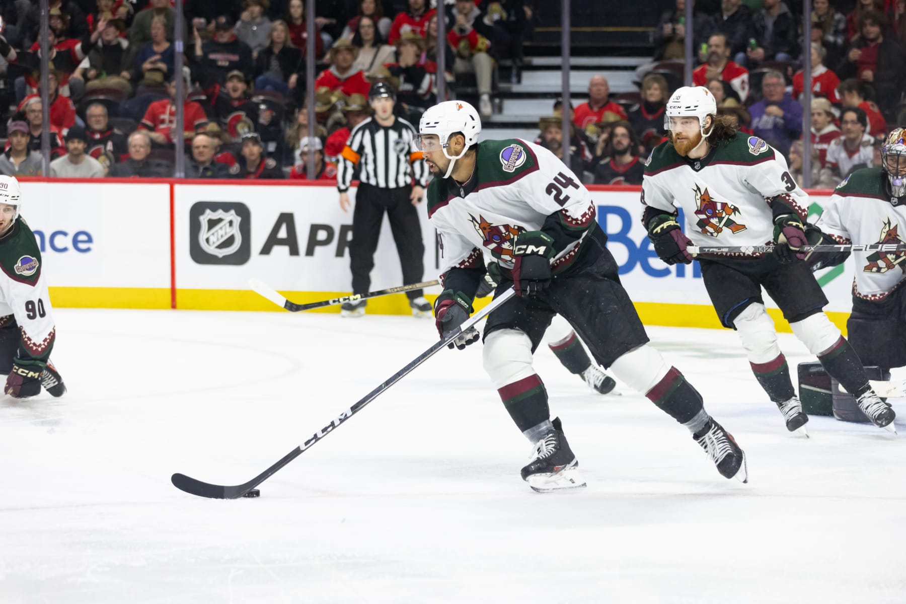 OTTAWA, ON - MARCH 01: Arizona Coyotes Defenceman Matt Dumba (24) skates with the puck during third period National Hockey League action between the Arizona Coyotes and Ottawa Senators on March 1, 2024, at Canadian Tire Centre in Ottawa, ON, Canada. (Photo by Richard A. Whittaker/Icon Sportswire via Getty Images)