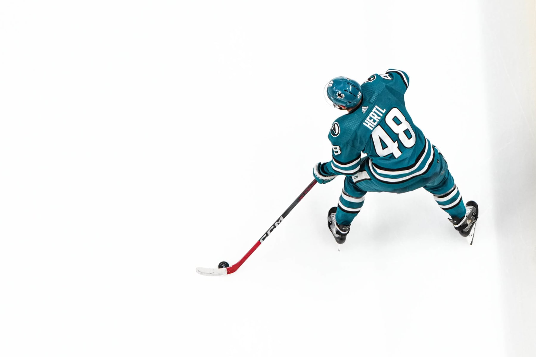 SAN JOSE, CALIFORNIA - JANUARY 23: An overhead shot of Tomas Hertl #48 of the San Jose Sharks skating with the puck in the second period against the New York Rangers at SAP Center on January 23, 2024 in San Jose, California. (Photo by Andreea Cardani/NHLI via Getty Images)