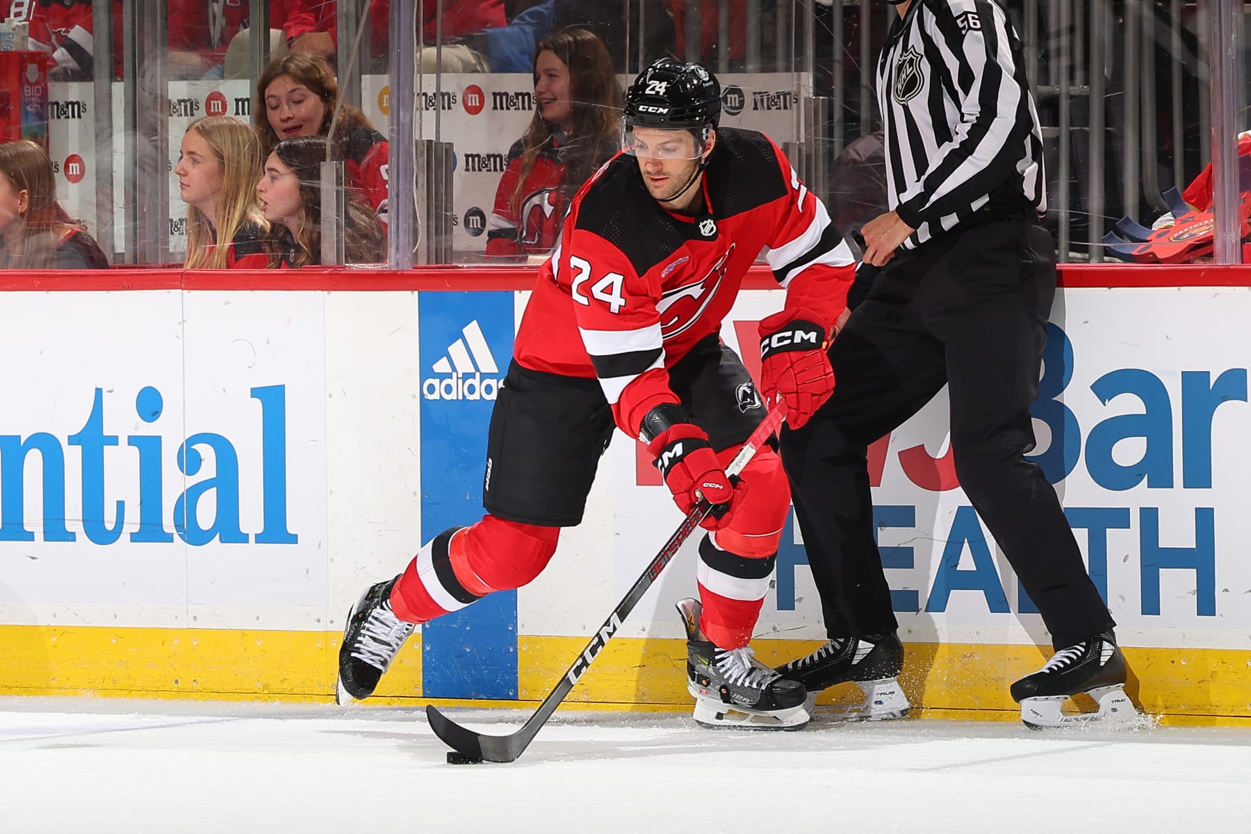 NEWARK, NJ - MARCH 05: Colin Miller #24 of the New Jersey Devils skates during the first period during the game against the  Florida Panthers at the Prudential Center on March 5, 2024 in Newark, New Jersey.  (Photo by Rich Graessle/NHLI via Getty Images)