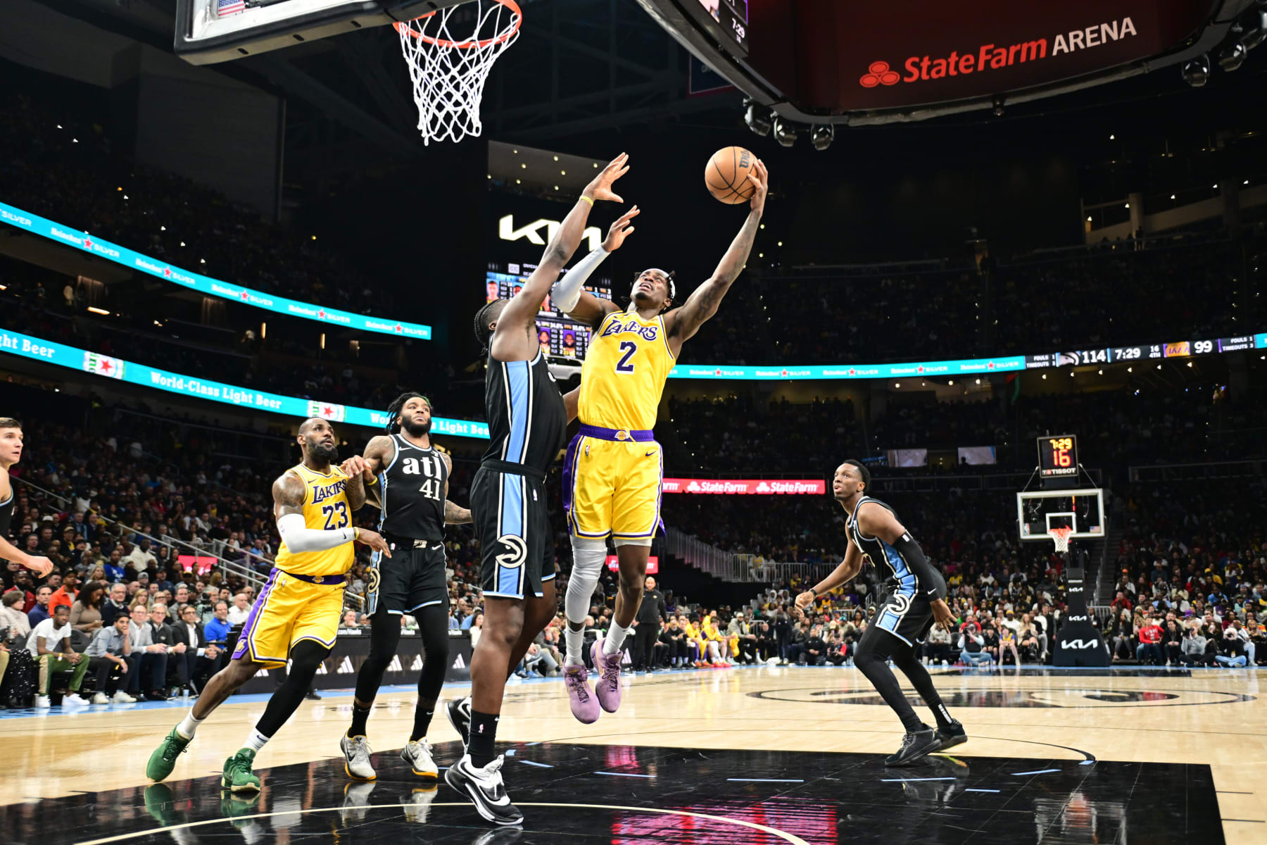 ATLANTA, GA - JANUARY 30: Jarred Vanderbilt #2 of the Los Angeles Lakers drives to the basket during the game  against the Atlanta Hawks on January 30, 2024 at State Farm Arena in Atlanta, Georgia.  NOTE TO USER: User expressly acknowledges and agrees that, by downloading and/or using this Photograph, user is consenting to the terms and conditions of the Getty Images License Agreement. Mandatory Copyright Notice: Copyright 2024 NBAE (Photo by Adam Hagy/NBAE via Getty Images)