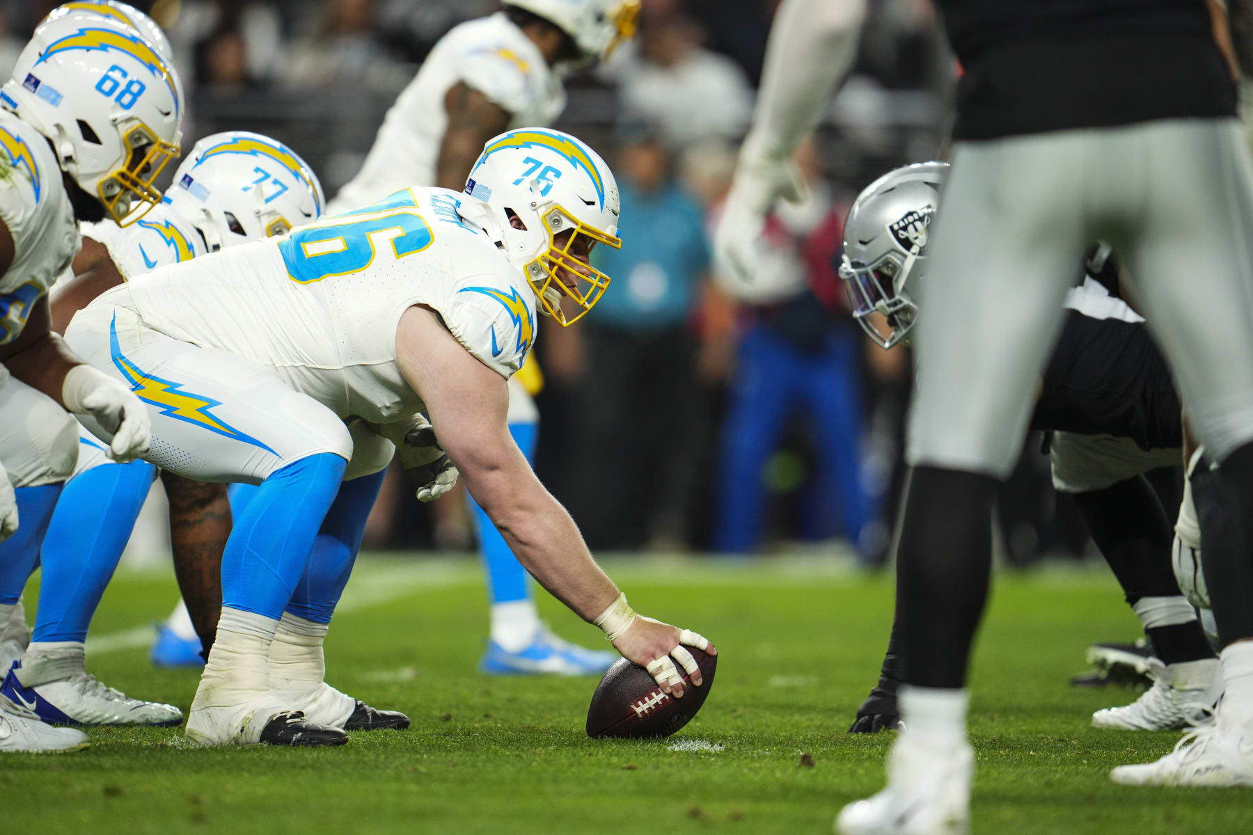 LAS VEGAS, NV - DECEMBER 14: Will Clapp #76 of the Los Angeles Chargers lines up during an NFL football game against the Las Vegas Raiders at Allegiant Stadium on December 14, 2023 in Las Vegas, Nevada. (Photo by Cooper Neill/Getty Images) LAS VEGAS, NV - DECEMBER 14: Will Clapp #76 of the Los Angeles Chargers lines up during an NFL football game against the Las Vegas Raiders at Allegiant Stadium on December 14, 2023 in Las Vegas, Nevada. (Photo by Cooper Neill/Getty Images)