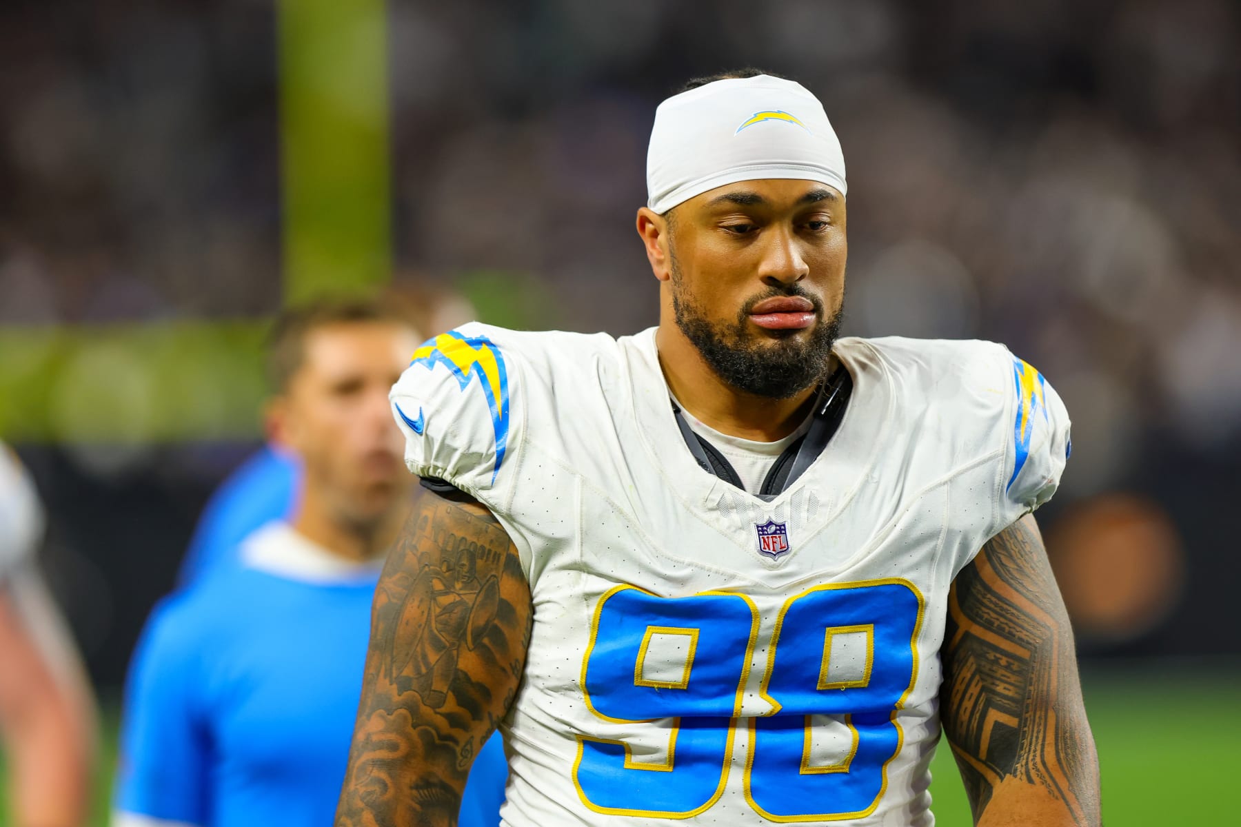 LAS VEGAS, NV - DECEMBER 14: Los Angeles Chargers defensive tackle Austin Johnson (98) walks off of the field during the Los Angeles Chargers vs Las Vegas Raiders game on December 14, 2023, at Allegiant Stadium in Las Vegas, NV. (Photo by Jordon Kelly/Icon Sportswire via Getty Images) LAS VEGAS, NV - DECEMBER 14: Los Angeles Chargers defensive tackle Austin Johnson (98) walks off of the field during the Los Angeles Chargers vs Las Vegas Raiders game on December 14, 2023, at Allegiant Stadium in Las Vegas, NV. (Photo by Jordon Kelly/Icon Sportswire via Getty Images)