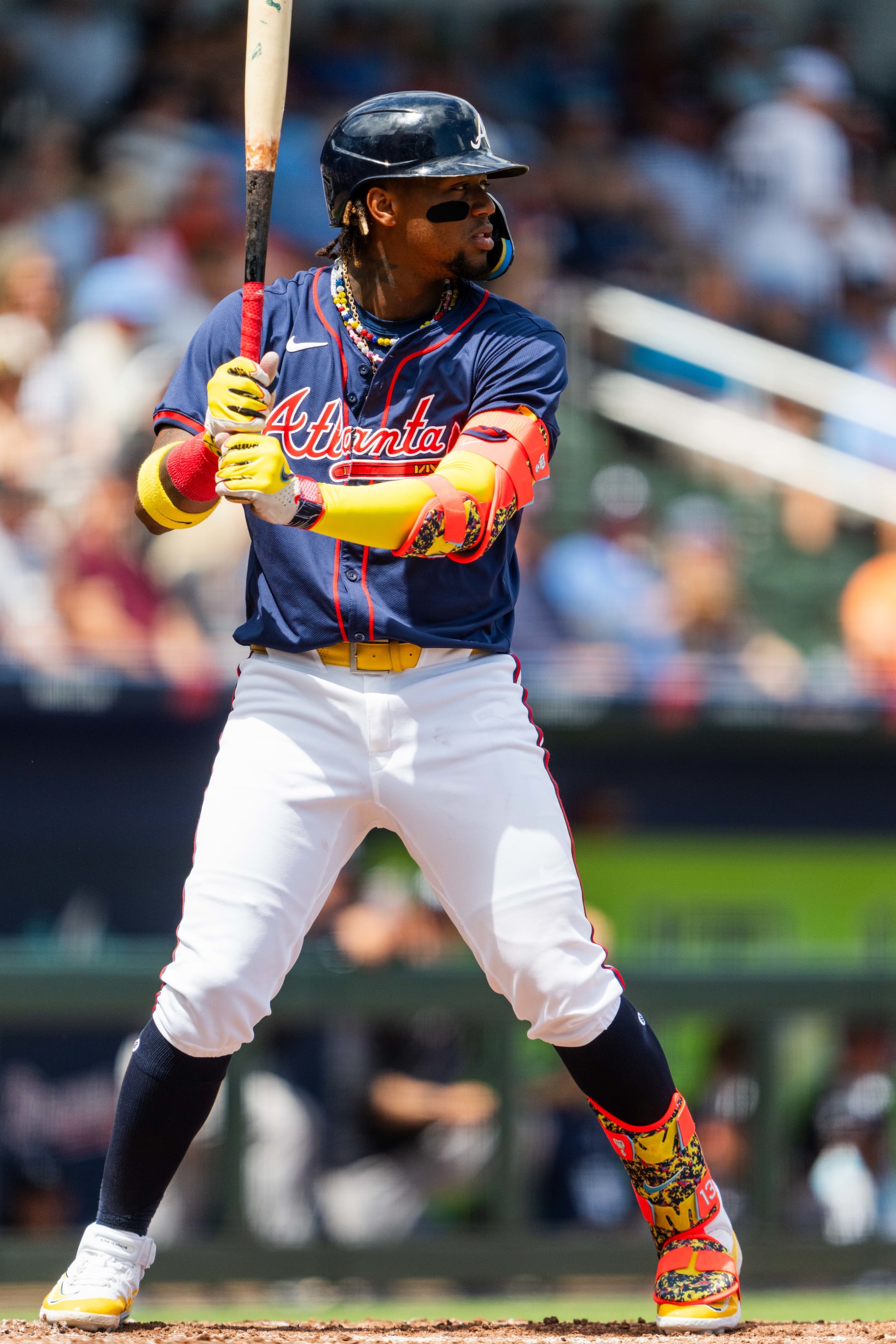 NORTH PORT, FLORIDA - MARCH 21: Ronald Acuña Jr. #13 of the Atlanta Braves bats in the third inning during a Grapefruit League spring training game against the New York Yankees at CoolToday Park on March 21, 2024 in North Port, Florida. (Photo by Matthew Grimes Jr./Atlanta Braves/Getty Images)