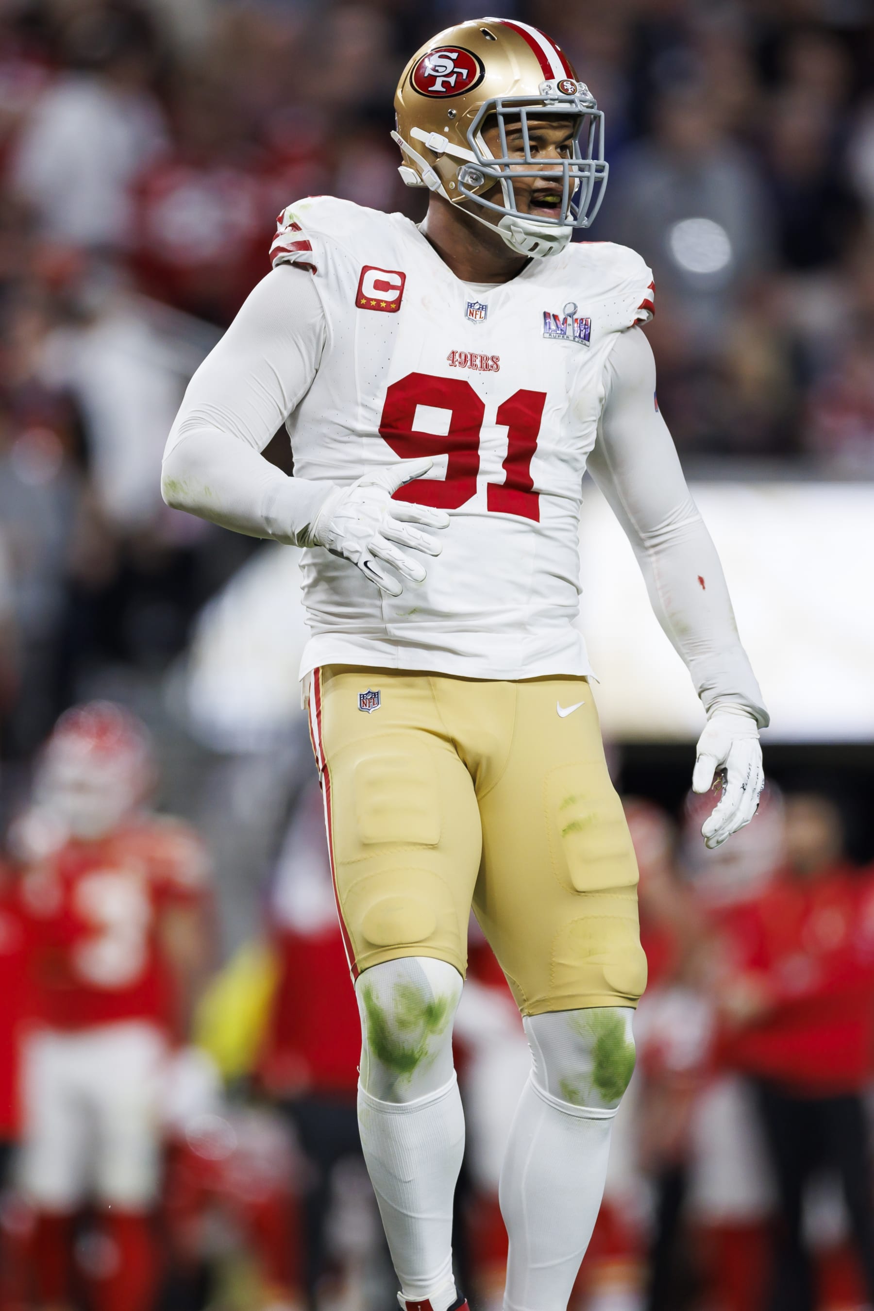 LAS VEGAS, NEVADA - FEBRUARY 11: Arik Armstead #91 of the San Francisco 49ers celebrates after a play during Super Bowl LVIII against the Kansas City Chiefs at Allegiant Stadium on February 11, 2024 in Las Vegas, Nevada. (Photo by Ryan Kang/Getty Images)
