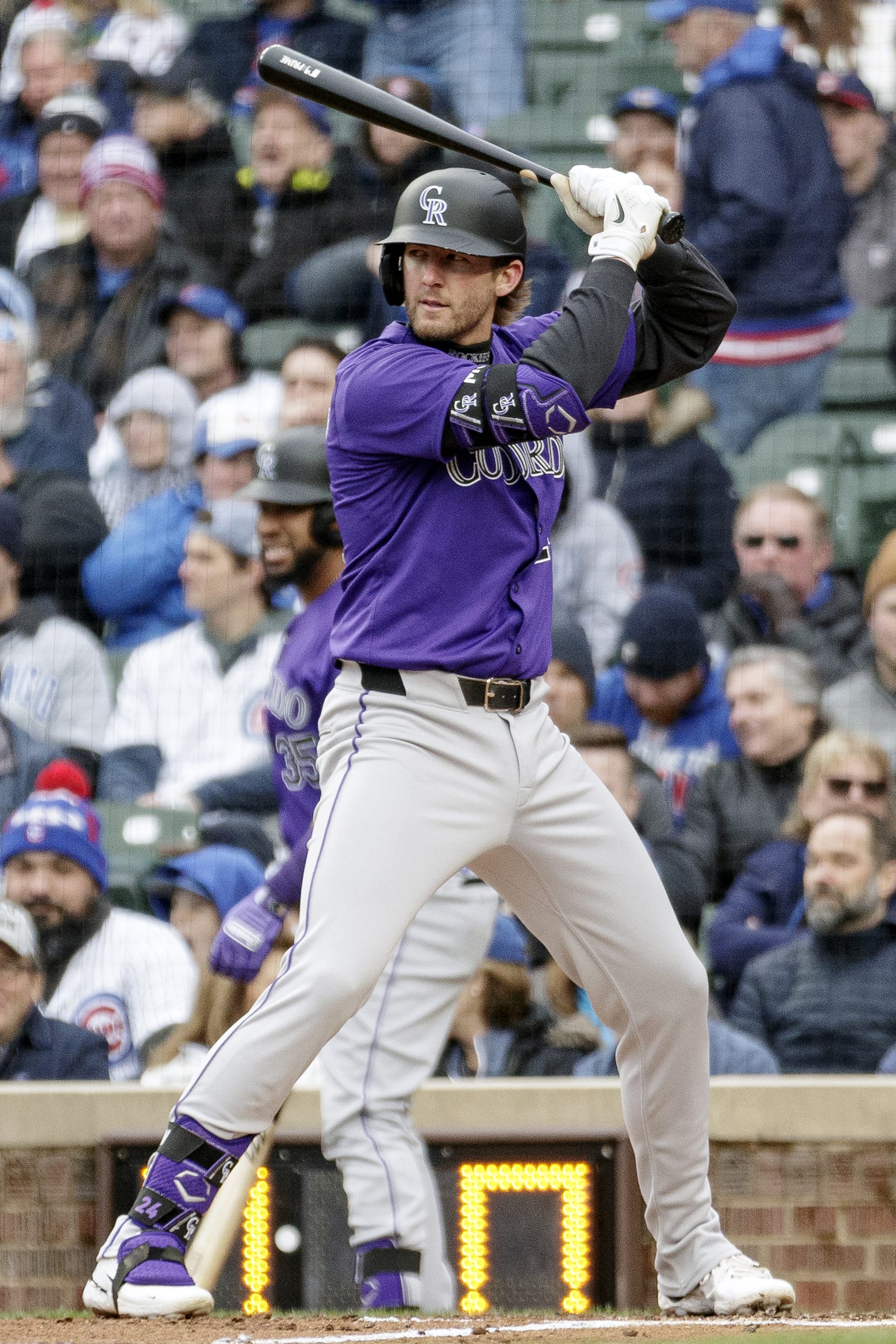 CHICAGO, IL - APRIL 01:  Ryan McMahon #24 of the Colorado Rockies bats during the game between the Colorado Rockies and the Chicago Cubs at Wrigley Field on Monday, April 1, 2024 in Chicago, Illinois. (Photo by Griffin Quinn/MLB Photos via Getty Images)