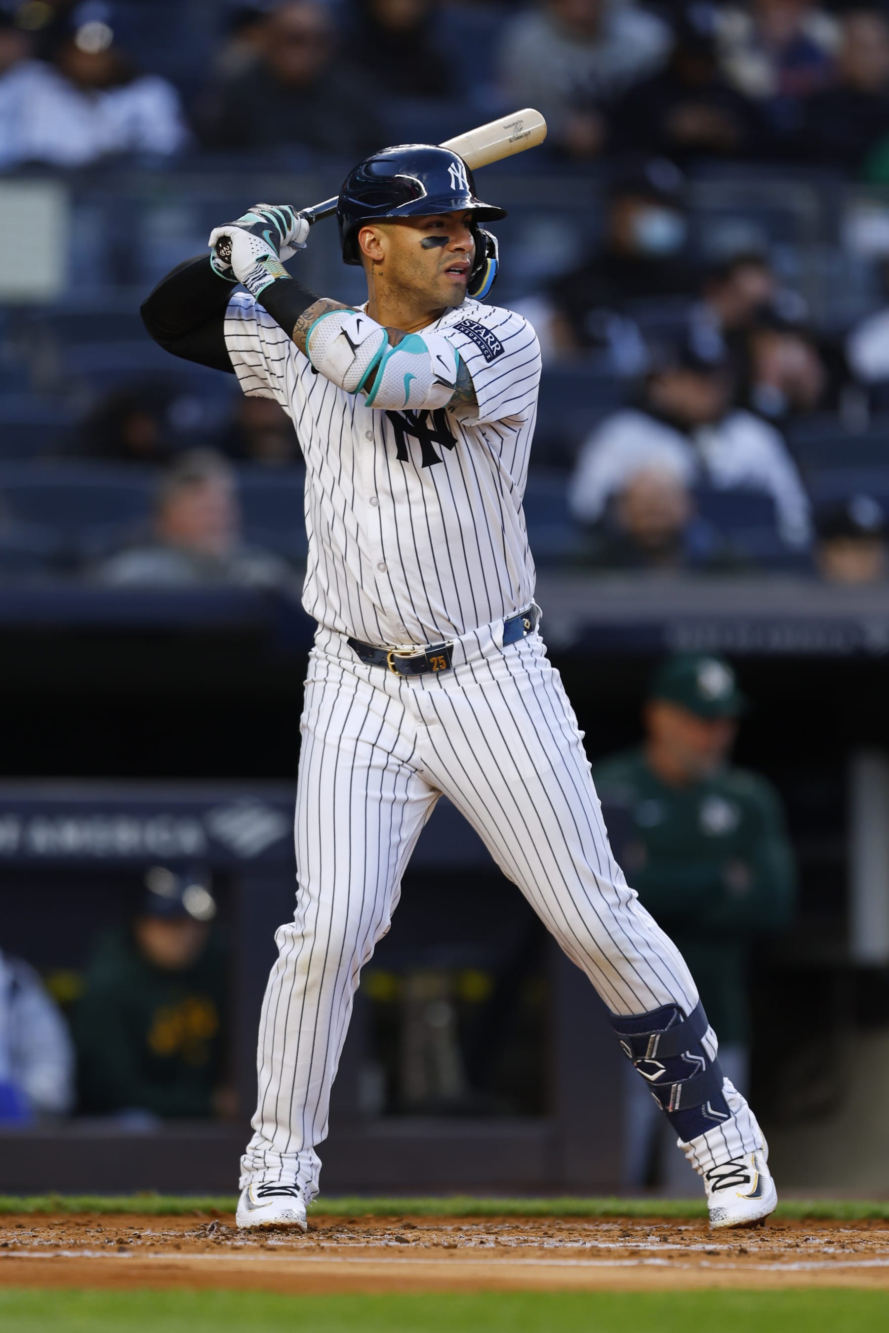 NEW YORK, NEW YORK - APRIL 25: Gleyber Torres #25 of the New York Yankees in action against the Oakland Athletics during a game at Yankee Stadium on April 25, 2024 in New York City. (Photo by Rich Schultz/Getty Images)