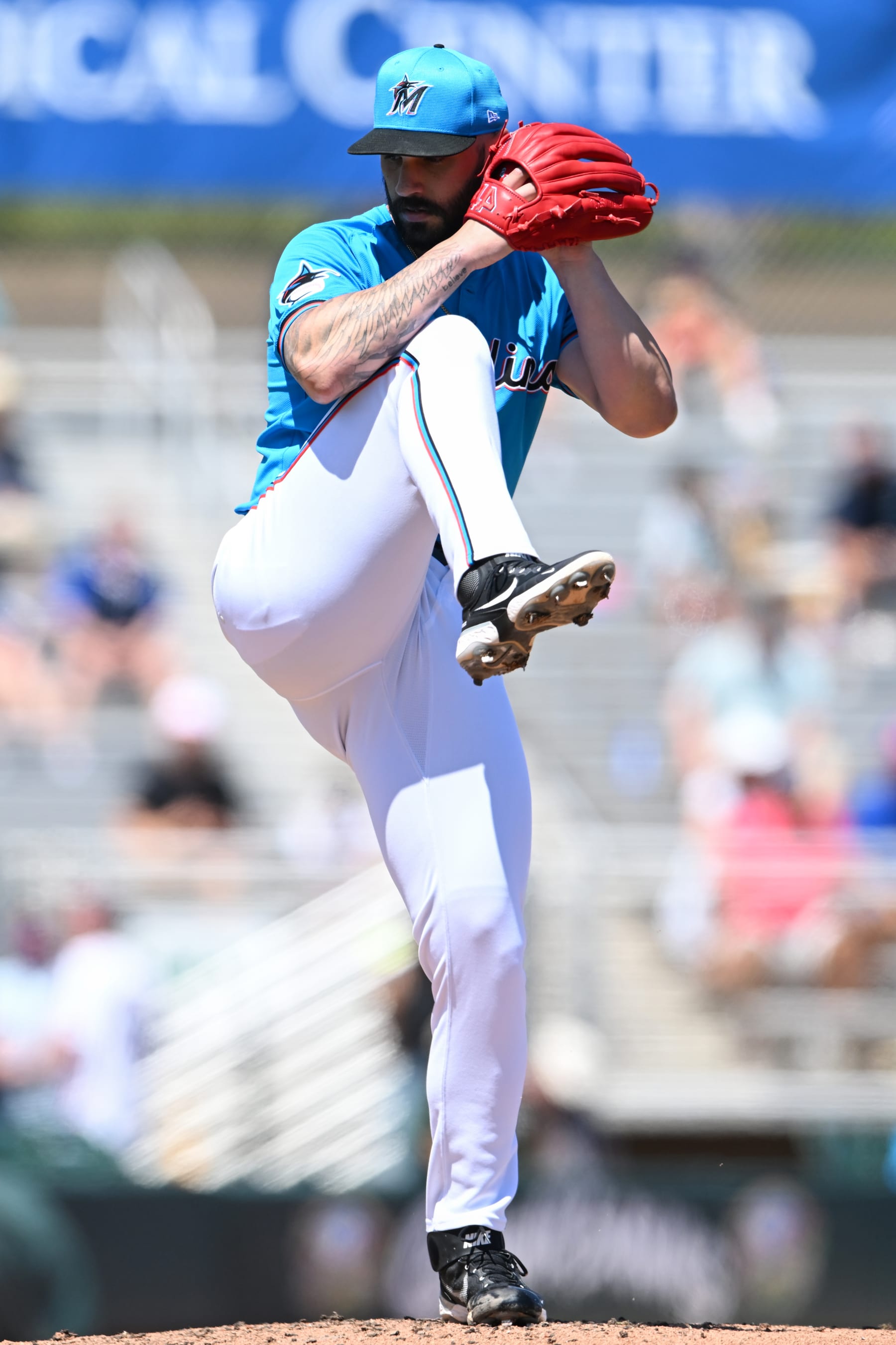 JUPITER, FLORIDA - MARCH 20, 2024: Tanner Scott #66 of the Miami Marlins throws a pitch during the third inning of a spring training game against the New York Mets at Roger Dean Chevrolet Stadium on March 20, 2024 in Jupiter, Florida. (Photo by Nick Cammett/Diamond Images via Getty Images)