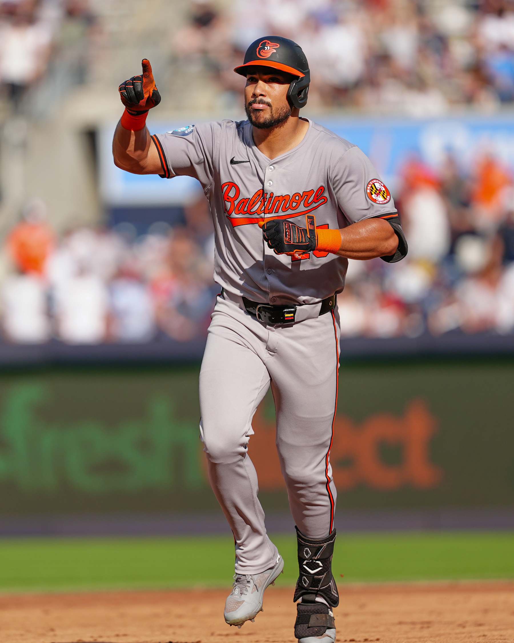 BRONX, NY - JUNE 20: Baltimore Orioles Right Fielder Anthony Santander (25) reacts to hitting a three run home run as he rounds the bases during the fifth inning of the Major League Baseball game between the Baltimore Orioles and the New York Yankees on June 20, 2024, at Yankee Stadium in the Bronx, NY. (Photo by Gregory Fisher/Icon Sportswire via Getty Images)