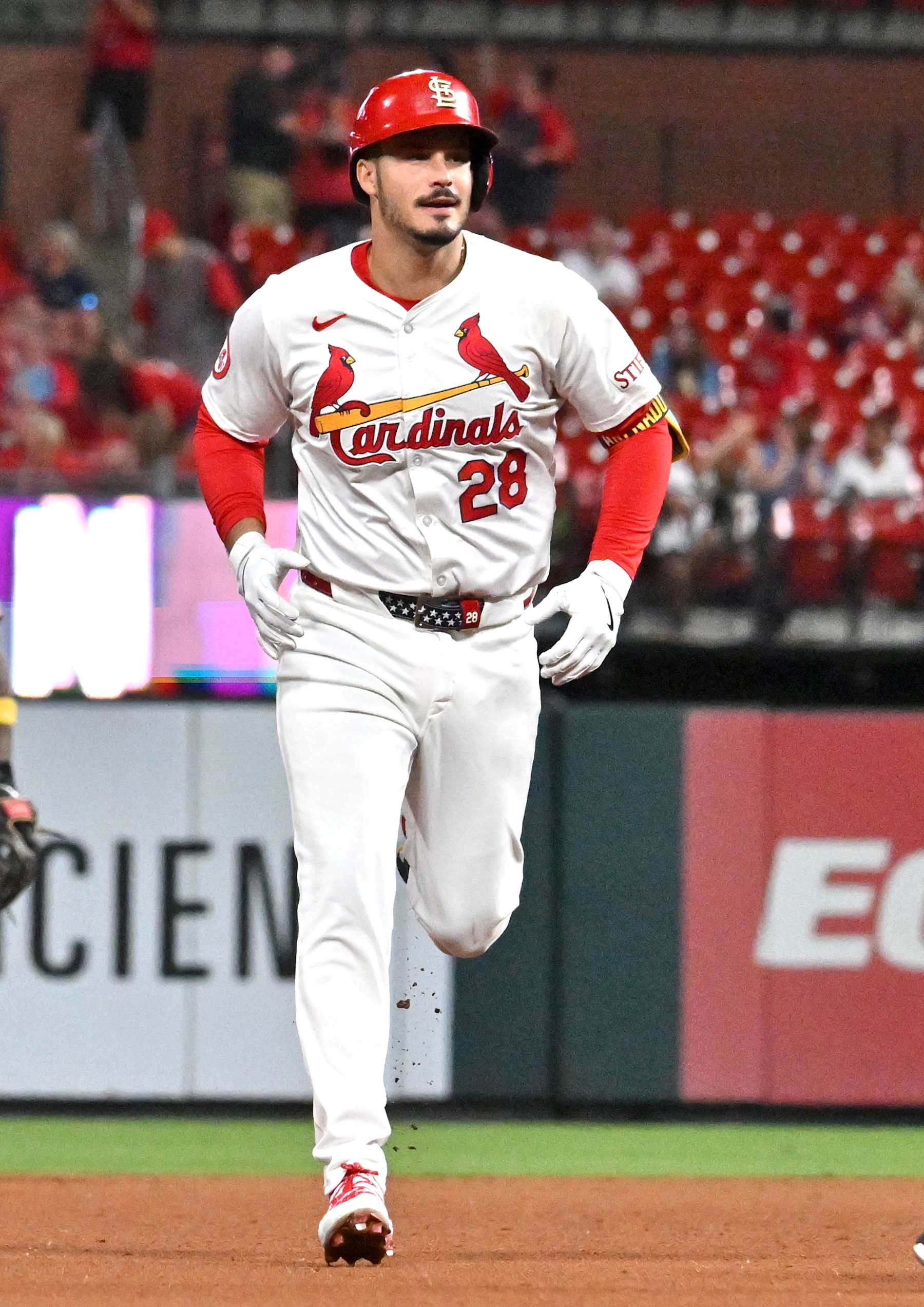 ST. LOUIS, MO - SEPTEMBER 11: St. Louis Cardinals third baseman Nolan Arenado (28) runs the bases after hitting a solo home run during a MLB game between the Cincinnati Reds and the St. Louis Cardinals, on September 11, 2024, at Busch Stadium, St. Louis, MO. (Photo by Keith Gillett/Icon Sportswire via Getty Images)