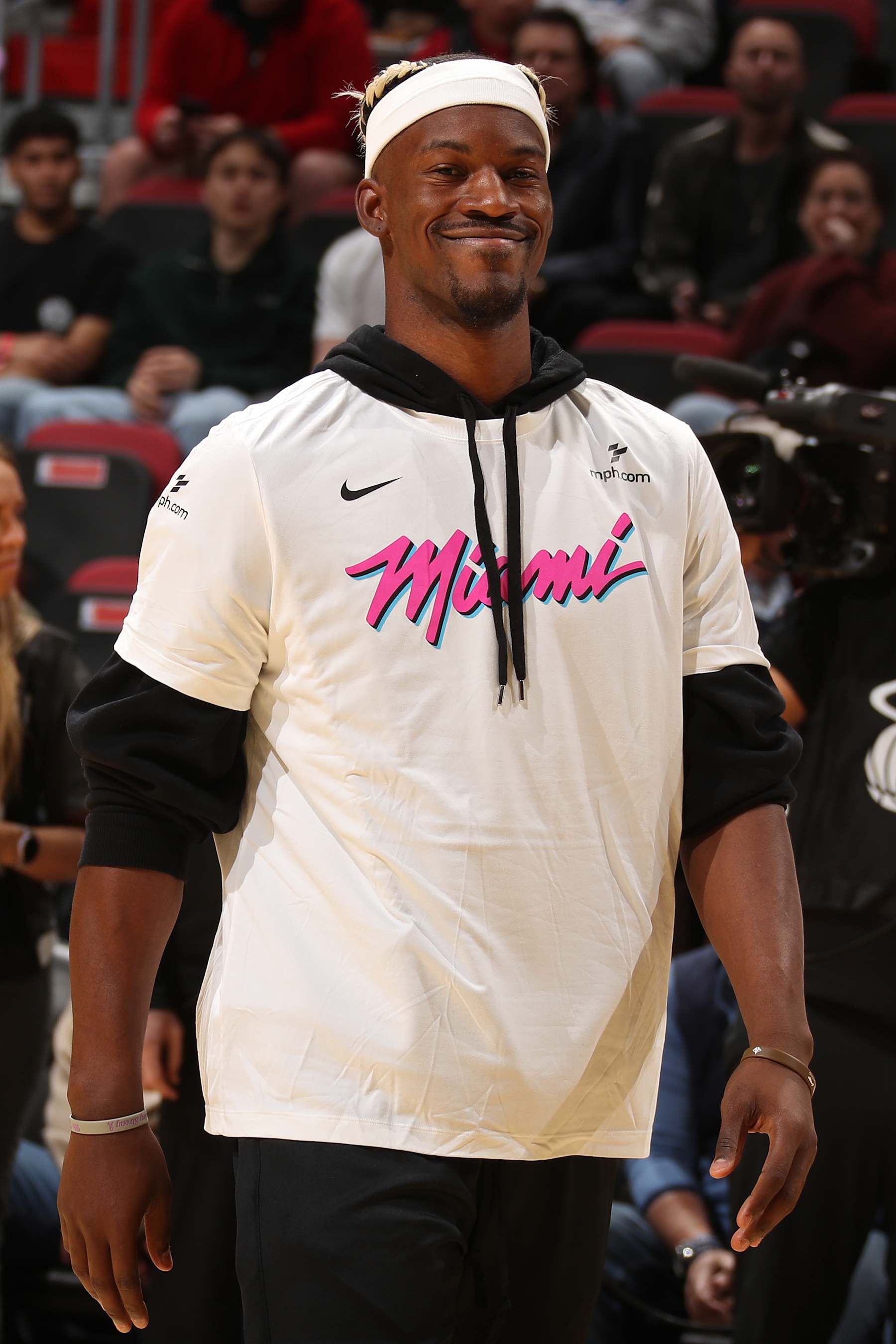 MIAMI, FL - JANUARY 17: Jimmy Butler #22 of the Miami Heat smiles before the game against the Denver Nuggets on January 17, 2025 at Kaseya Center in Miami, Florida. NOTE TO USER: User expressly acknowledges and agrees that, by downloading and or using this Photograph, user is consenting to the terms and conditions of the Getty Images License Agreement. Mandatory Copyright Notice: Copyright 2025 NBAE (Photo by Issac Baldizon/NBAE via Getty Images)
