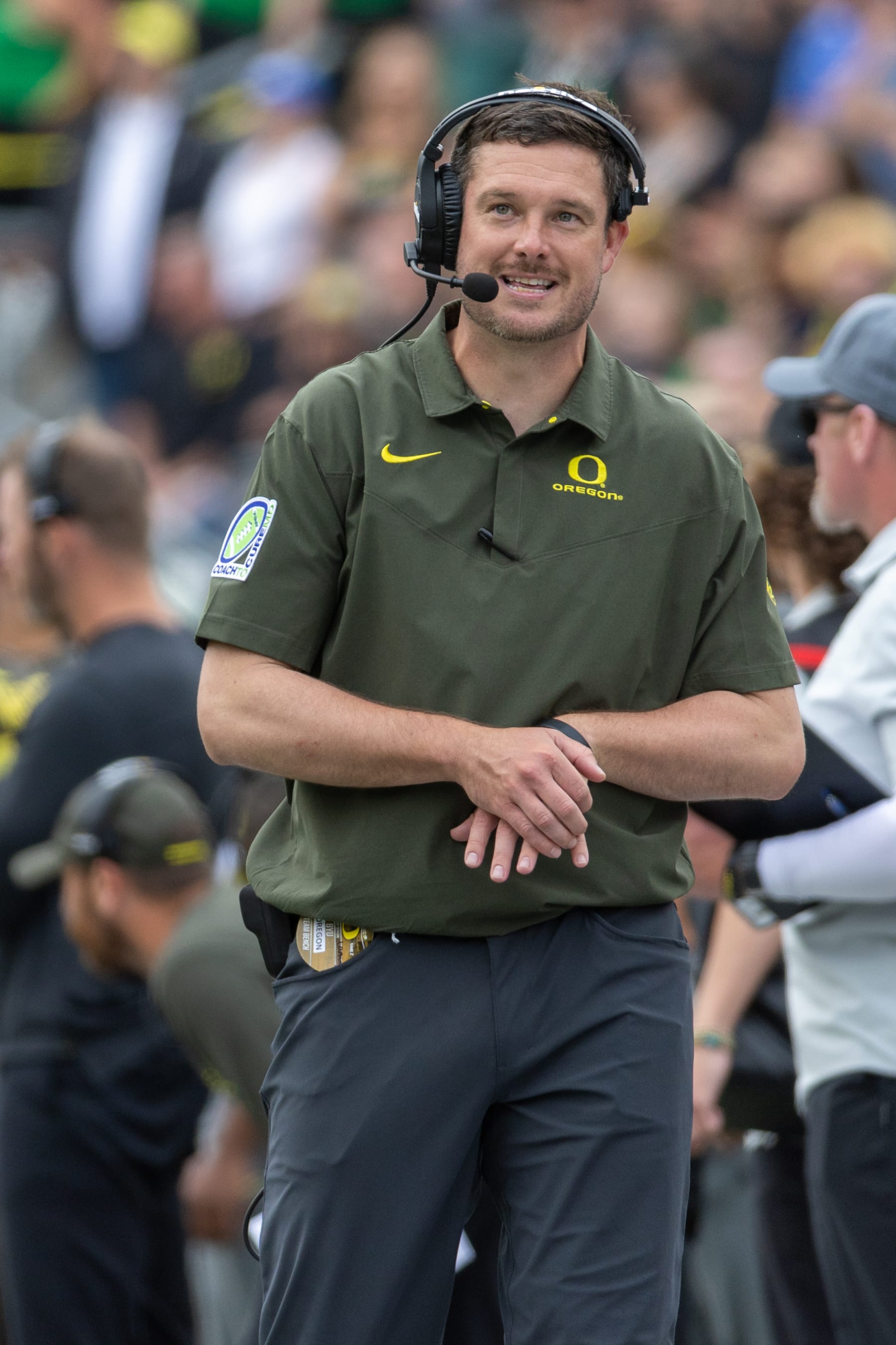 EUGENE, OR - SEPTEMBER 17:  Dan Lanning head coach of the Oregon Ducks was on the sidelines against the Brigham Young Cougars at Autzen Stadium on September 17, 2022 in Eugene, Oregon. (Photo by Tom Hauck/Getty Images)