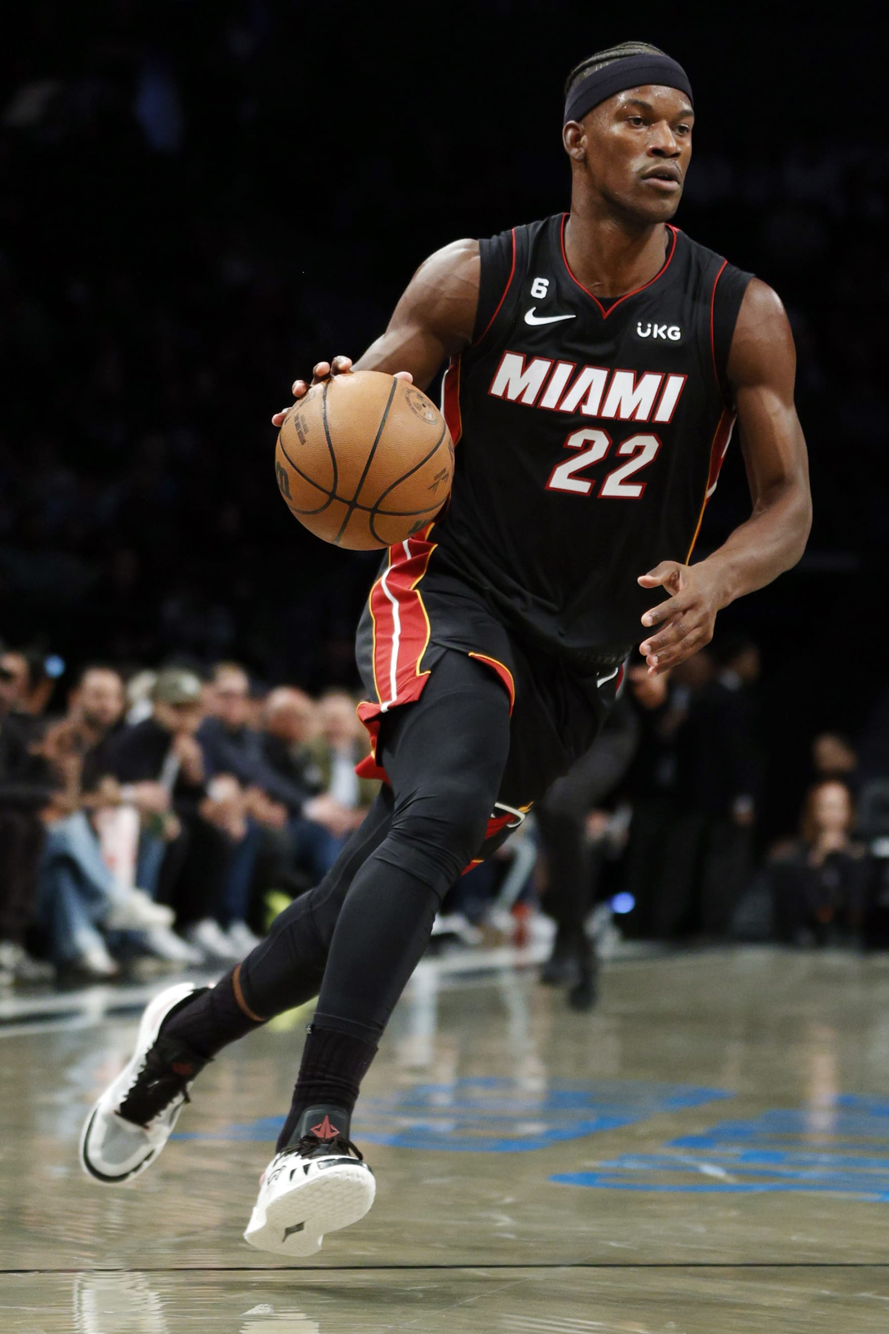 NEW YORK, NEW YORK - OCTOBER 06: Jimmy Butler #22 of the Miami Heat dribbles during the first half against the Brooklyn Nets at Barclays Center on October 06, 2022 in the Brooklyn borough of New York City. NOTE TO USER: User expressly acknowledges and agrees that, by downloading and or using this photograph, User is consenting to the terms and conditions of the Getty Images License Agreement. (Photo by Sarah Stier/Getty Images)
