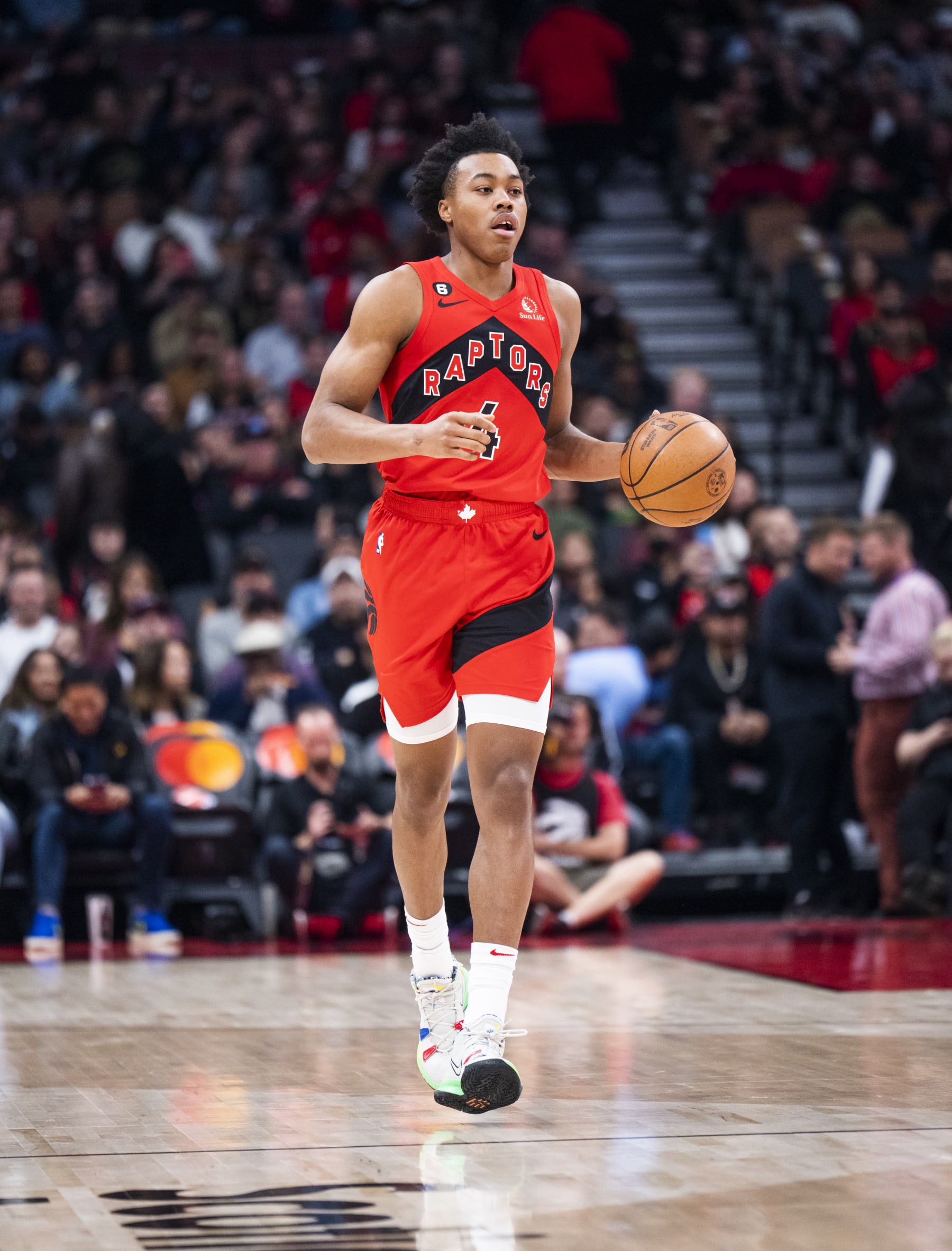 TORONTO, ON - NOVEMBER 6: Scottie Barnes #4 of the Toronto Raptors dribbles against the Chicago Bulls during the first half of their basketball game at the Scotiabank Arena on November 6, 2022 in Toronto, Ontario, Canada. NOTE TO USER: User expressly acknowledges and agrees that, by downloading and/or using this Photograph, user is consenting to the terms and conditions of the Getty Images License Agreement. (Photo by Mark Blinch/Getty Images)