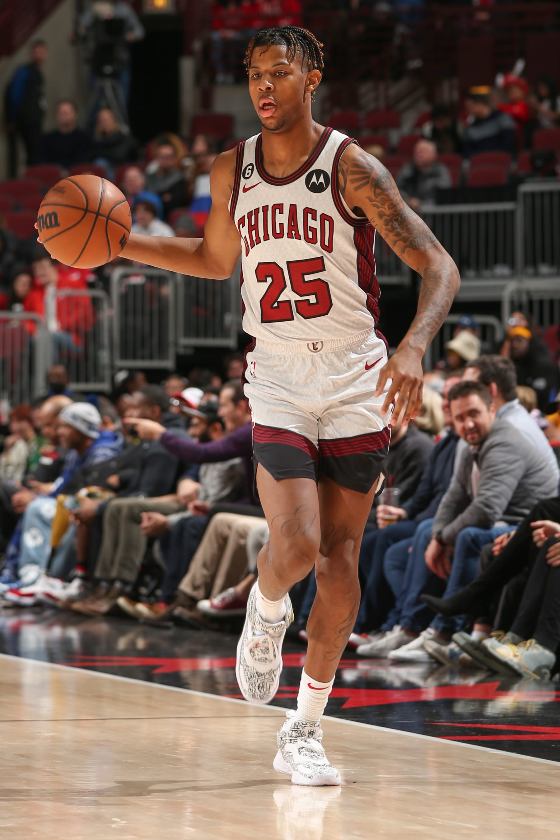 CHICAGO, IL - DECEMBER 10:  Dalen Terry #25 of the Chicago Bulls handles the ball during the game against the Dallas Mavericks on December 10, 2022 at United Center in Chicago, Illinois. NOTE TO USER: User expressly acknowledges and agrees that, by downloading and or using this photograph, User is consenting to the terms and conditions of the Getty Images License Agreement. Mandatory Copyright Notice: Copyright 2022 NBAE (Photo by Gary Dineen/NBAE via Getty Images)