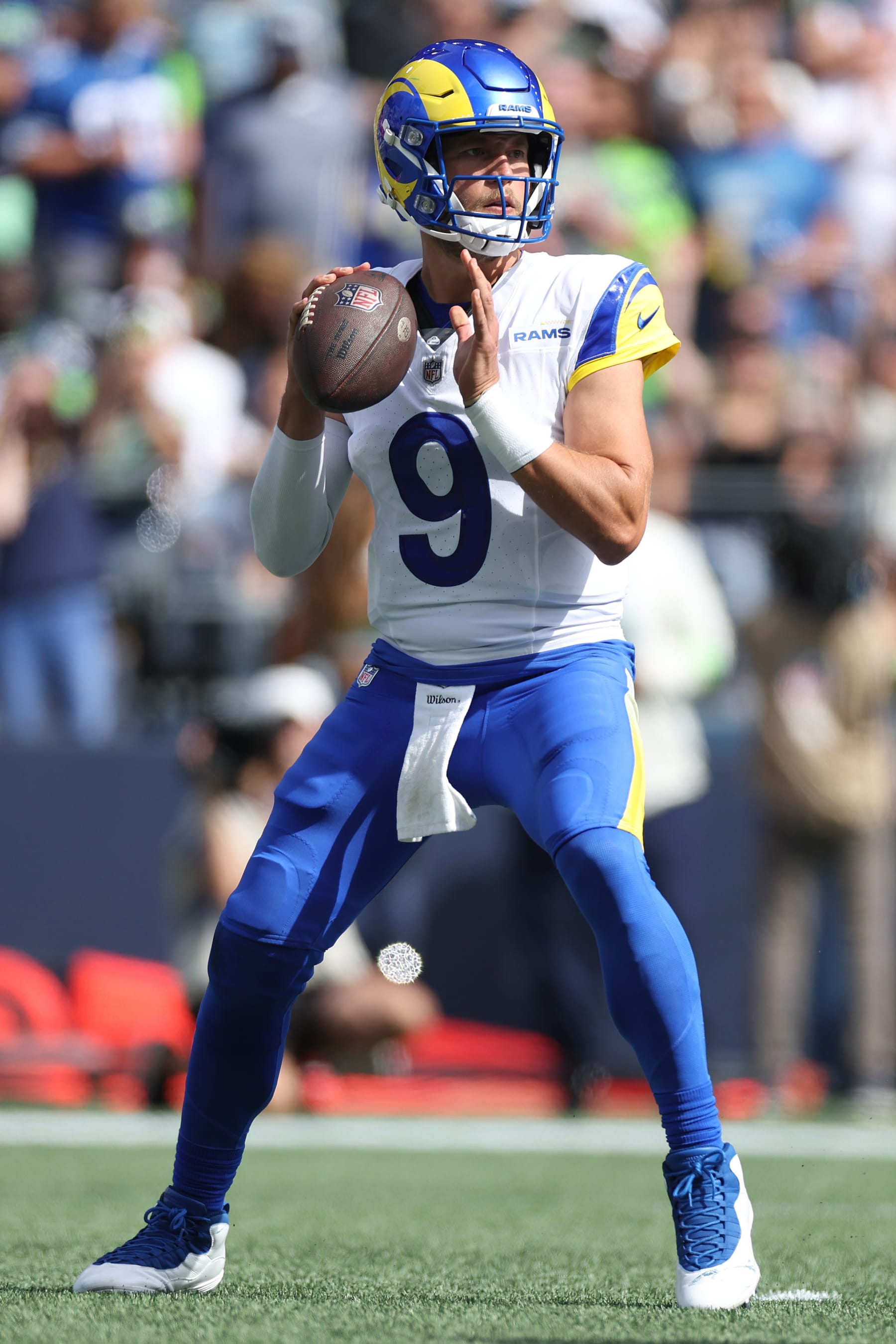SEATTLE, WASHINGTON - SEPTEMBER 10: Matthew Stafford #9 of the Los Angeles Rams passes against the Seattle Seahawks at Lumen Field on September 10, 2023 in Seattle, Washington. (Photo by Steph Chambers/Getty Images)