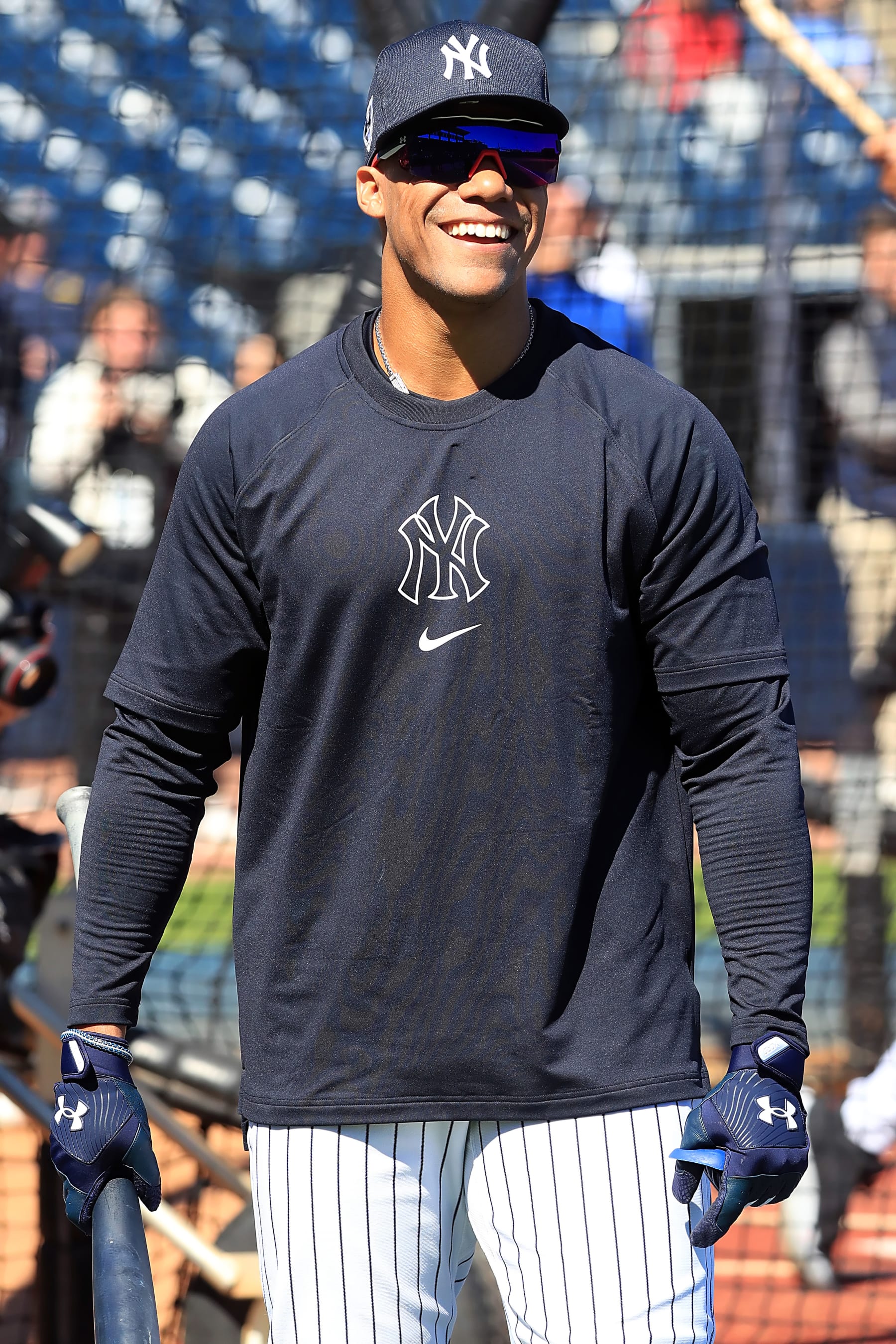 TAMPA, FL - FEBRUARY 20: New York Yankees outfielder Juan Soto (22) smiles during the spring training workout on February 20, 2024 at George M. Steinbrenner Field in Tampa, FL. (Photo by Cliff Welch/Icon Sportswire via Getty Images)