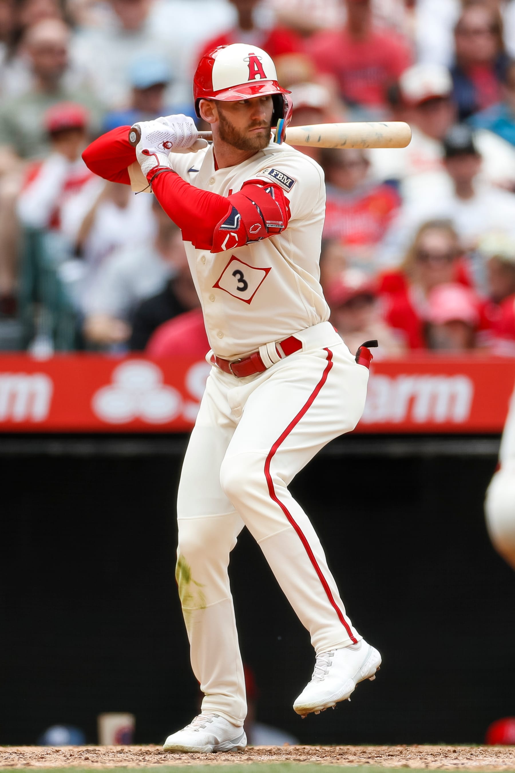 ANAHEIM, CA - JUNE 11: Los Angeles Angels left fielder Taylor Ward (3) waits for the pitch during a regular season game between the Los Angeles Angels and Seattle Mariners on June 11, 2023 at Angel Stadium in Anaheim, CA. (Photo by Brandon Sloter/Icon Sportswire via Getty Images)