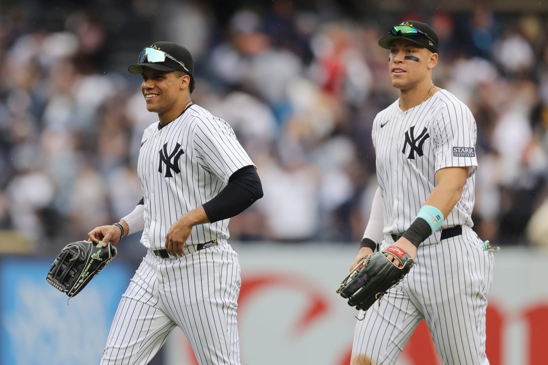NEW YORK, NEW YORK - MAY 18: Juan Soto #22 and Aaron Judge #99 of the New York Yankees celebrate after defeating the Chicago White Sox 6-1 at Yankee Stadium on May 18, 2024 in New York City. (Photo by Mike Stobe/Getty Images)