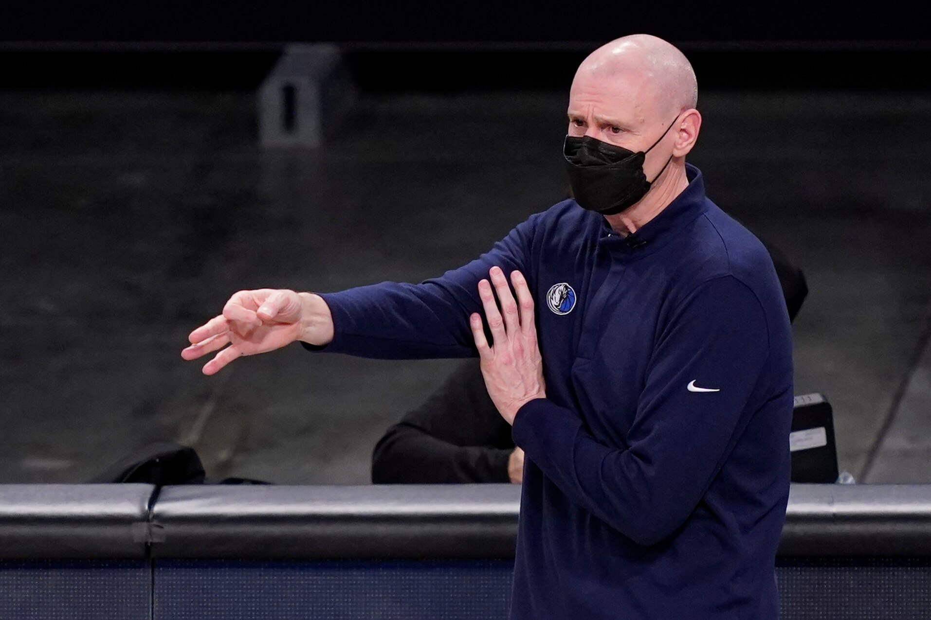 Dallas Mavericks head coach Rick Carlisle works the bench in the second half of an NBA basketball game against the Brooklyn Nets, Saturday, Feb. 27, 2021, in New York. (AP Photo/John Minchillo)
