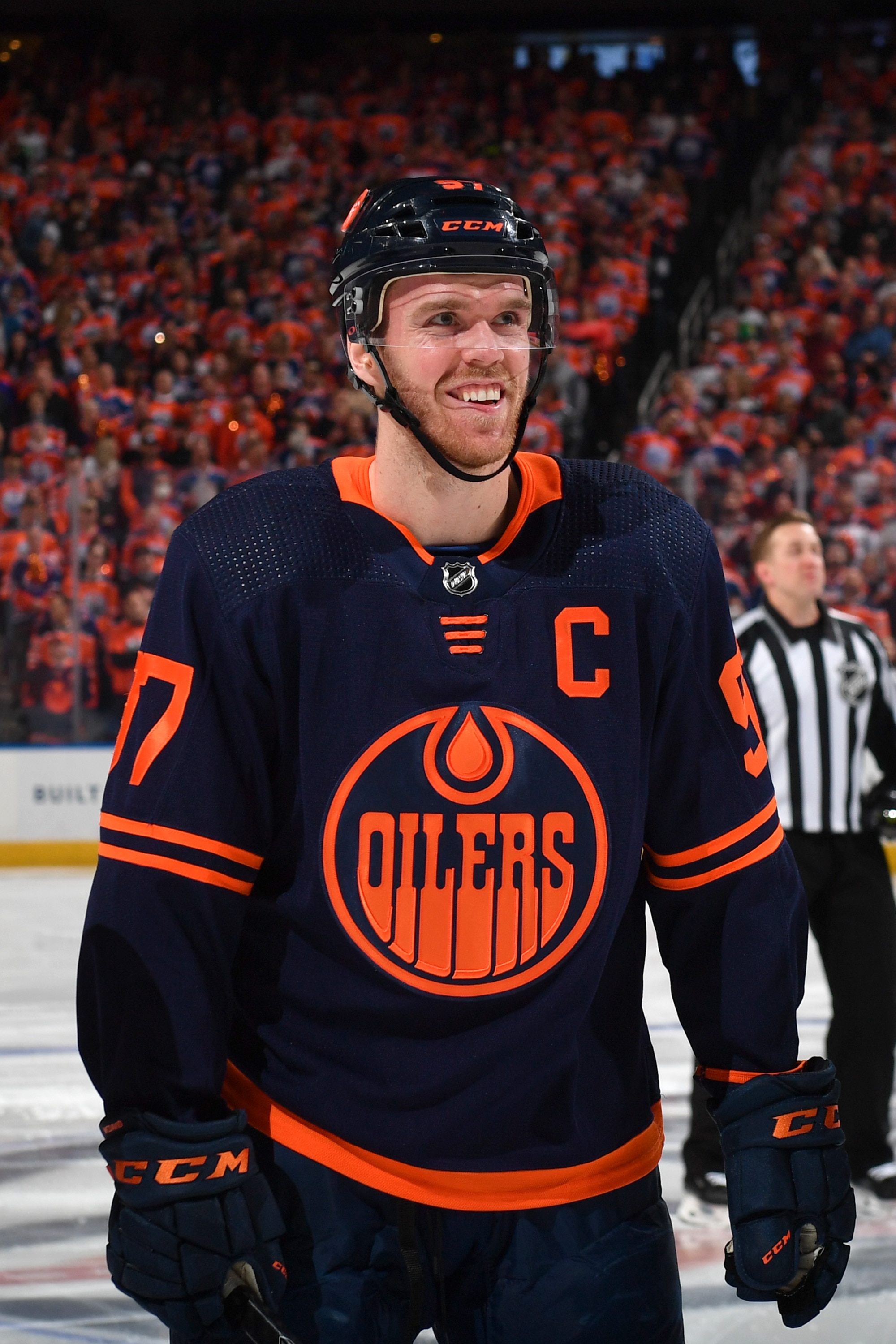 EDMONTON, AB - MAY 2: Connor McDavid #97 of the Edmonton Oilers stands for the singing of the national anthem prior to Game One of the First Round of the 2022 Stanley Cup Playoffs against the Los Angeles Kings on May 2, 2022 at Rogers Place in Edmonton, Alberta, Canada. (Photo by Andy Devlin/NHLI via Getty Images)