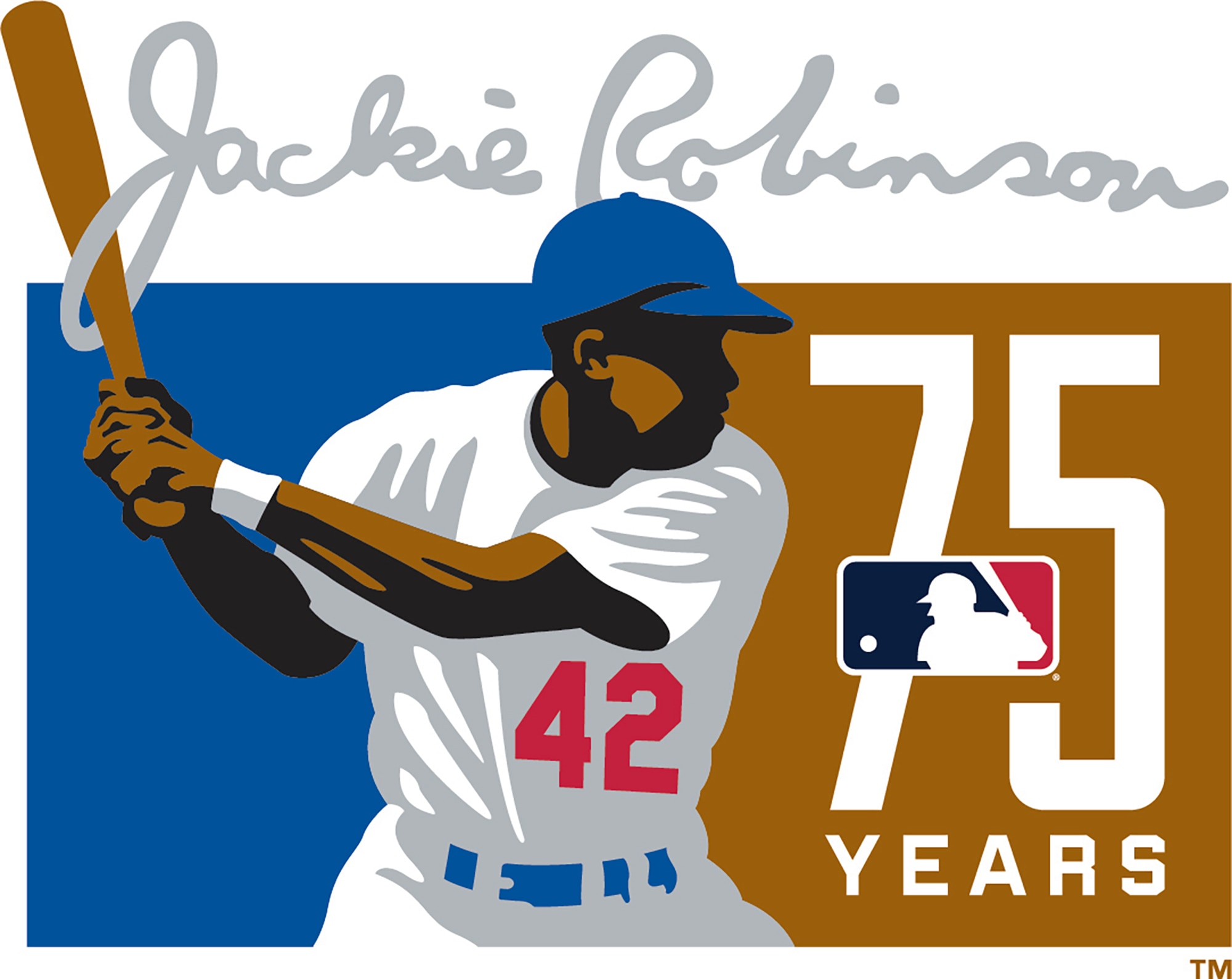 This image provided by Major League Baseball shows the new 75th anniversary logo of Jackie Robinson's No. 42 in Dodger blue that will celebrate the 75th anniversary of his breaking the major league color barrier. (Courtesy of MLB via AP)