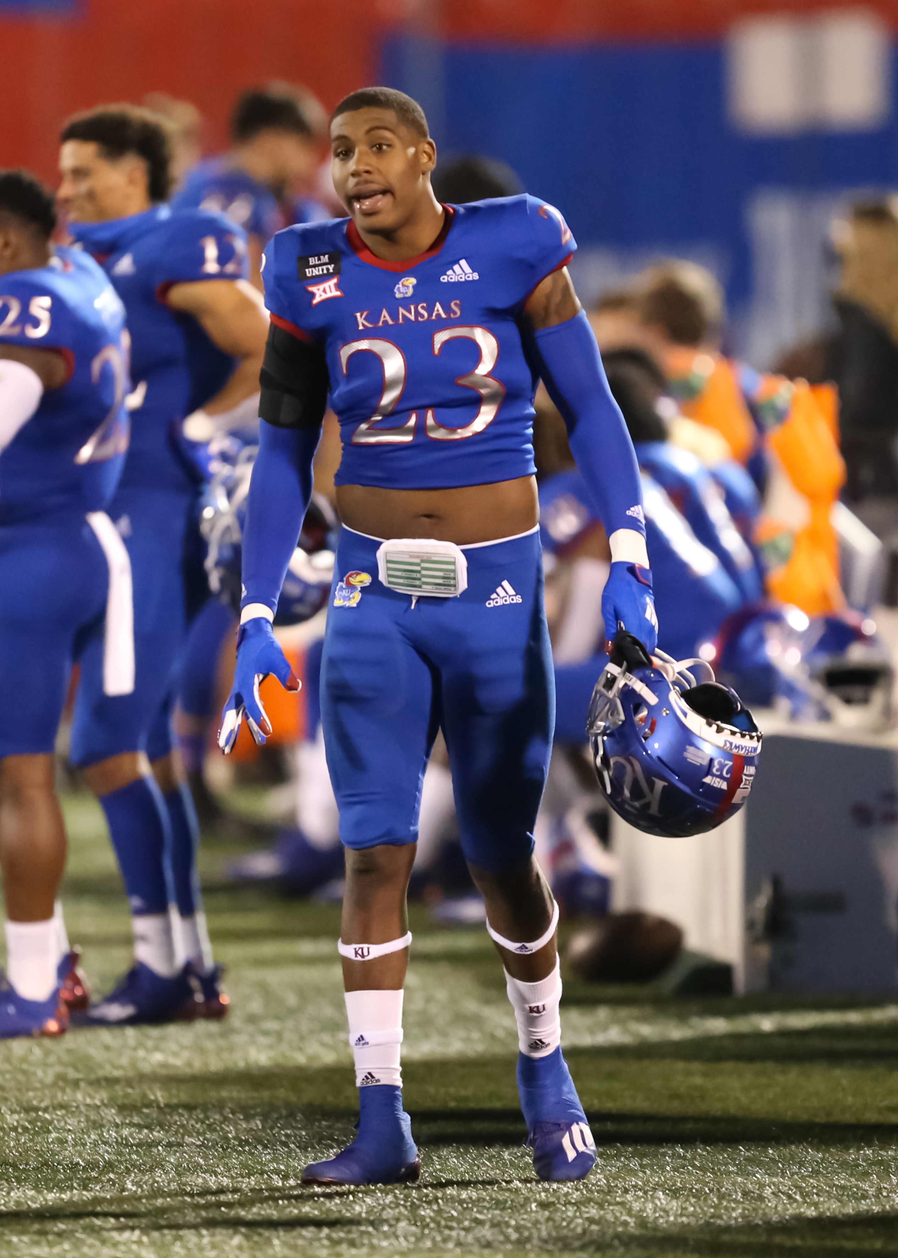LAWRENCE, KS - SEPTEMBER 12: Kansas Jayhawks linebacker Alonso Person (23) on the sidelines in the fourth quarter of a college football game between the Coastal Carolina Chanticleers and Kansas Jayhawks on September 12, 2020 at Memorial Stadium in Lawrence, KS.  (Photo by Scott Winters/Icon Sportswire via Getty Images)