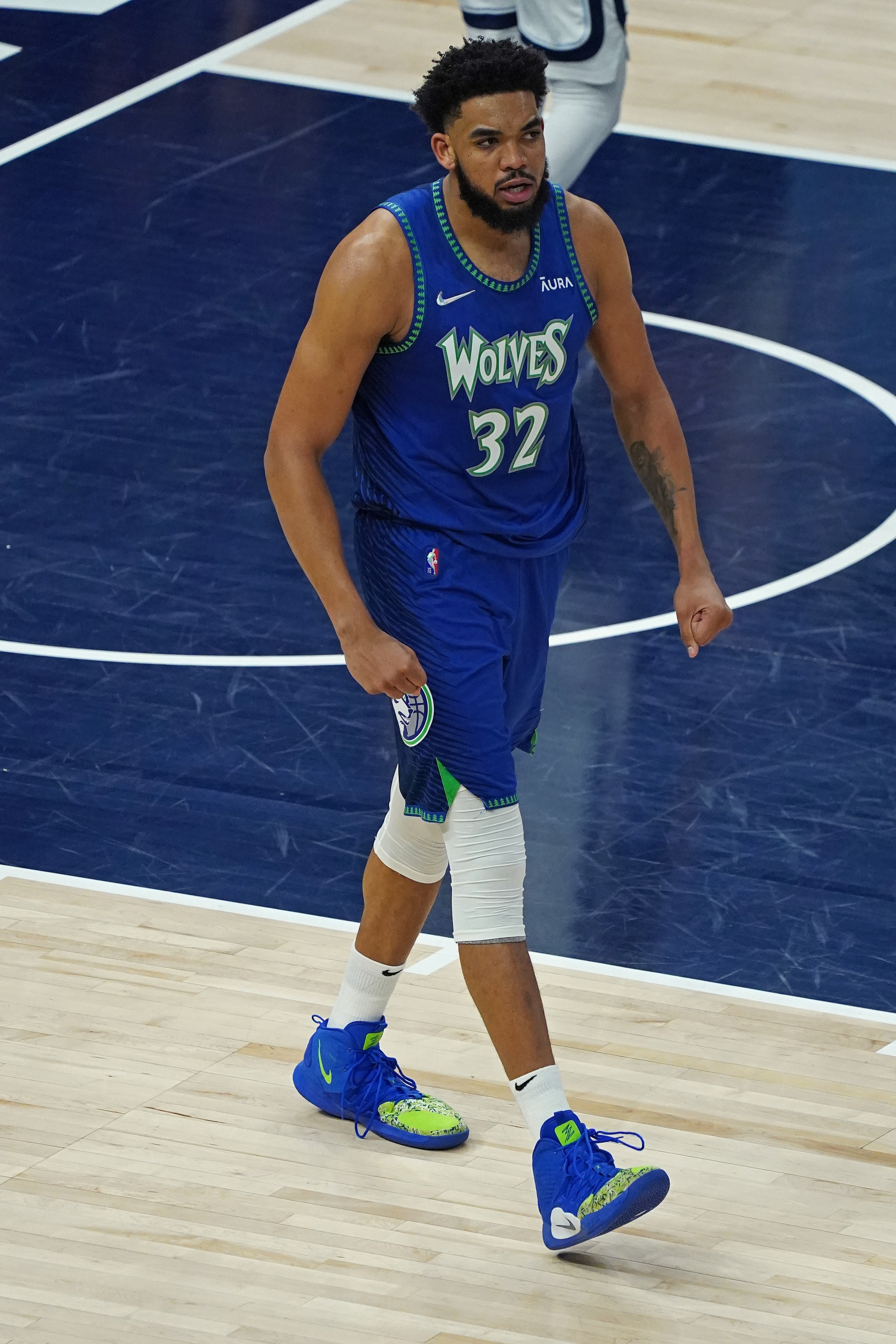 MINNEAPOLIS, MN -  APRIL 29: Karl-Anthony Towns #32 of the Minnesota Timberwolves looks on during the game against the Memphis Grizzlies during Round 1 Game 6 of the 2022 NBA Playoffs on April 29, 2022 at Target Center in Minneapolis, Minnesota. NOTE TO USER: User expressly acknowledges and agrees that, by downloading and or using this Photograph, user is consenting to the terms and conditions of the Getty Images License Agreement. Mandatory Copyright Notice: Copyright 2022 NBAE (Photo by Jordan Johnson/NBAE via Getty Images)