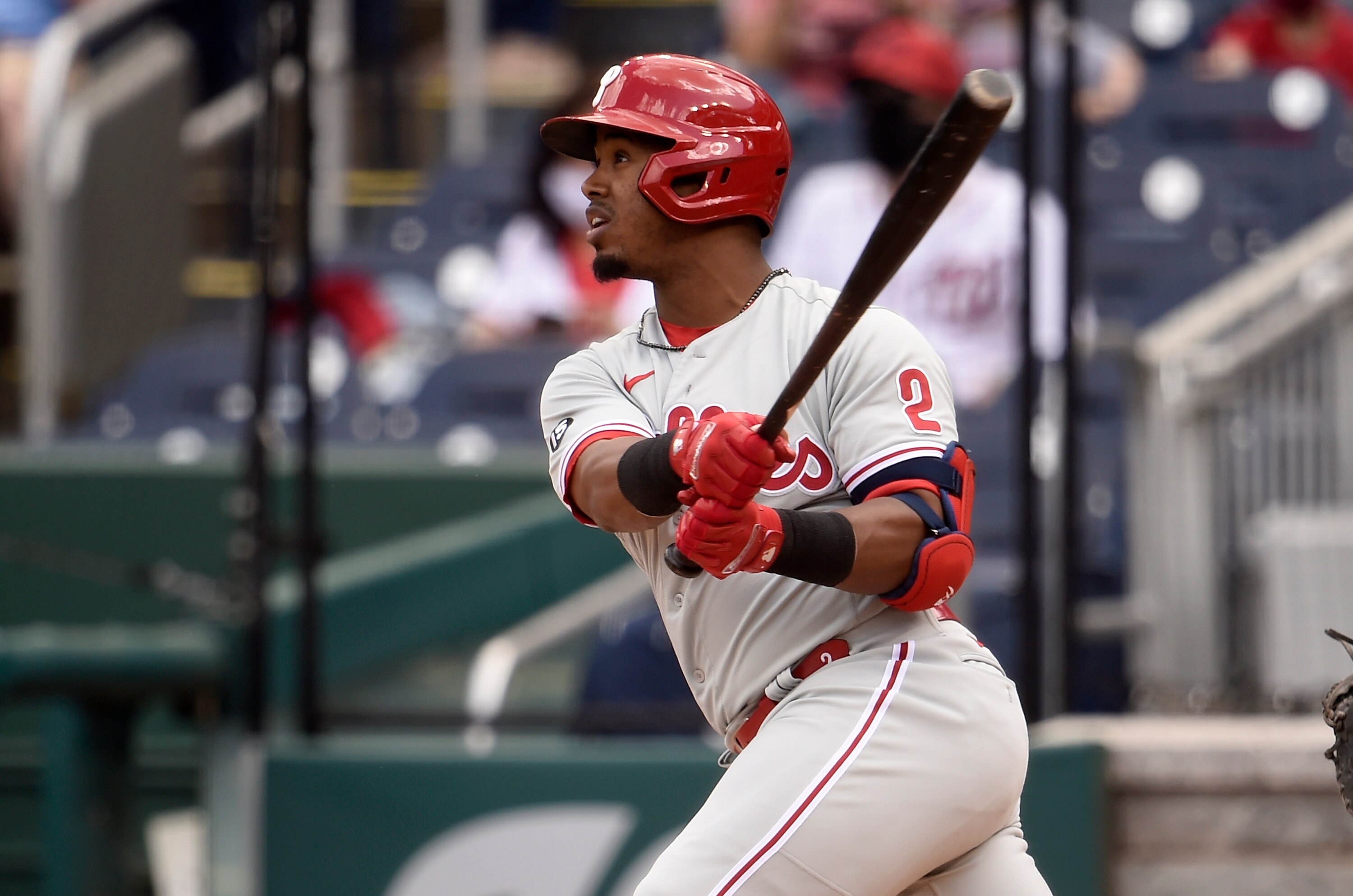 WASHINGTON, DC - MAY 13: Jean Segura #2 of the Philadelphia Phillies bats against the Washington Nationals at Nationals Park on May 13, 2021 in Washington, DC. (Photo by G Fiume/Getty Images)