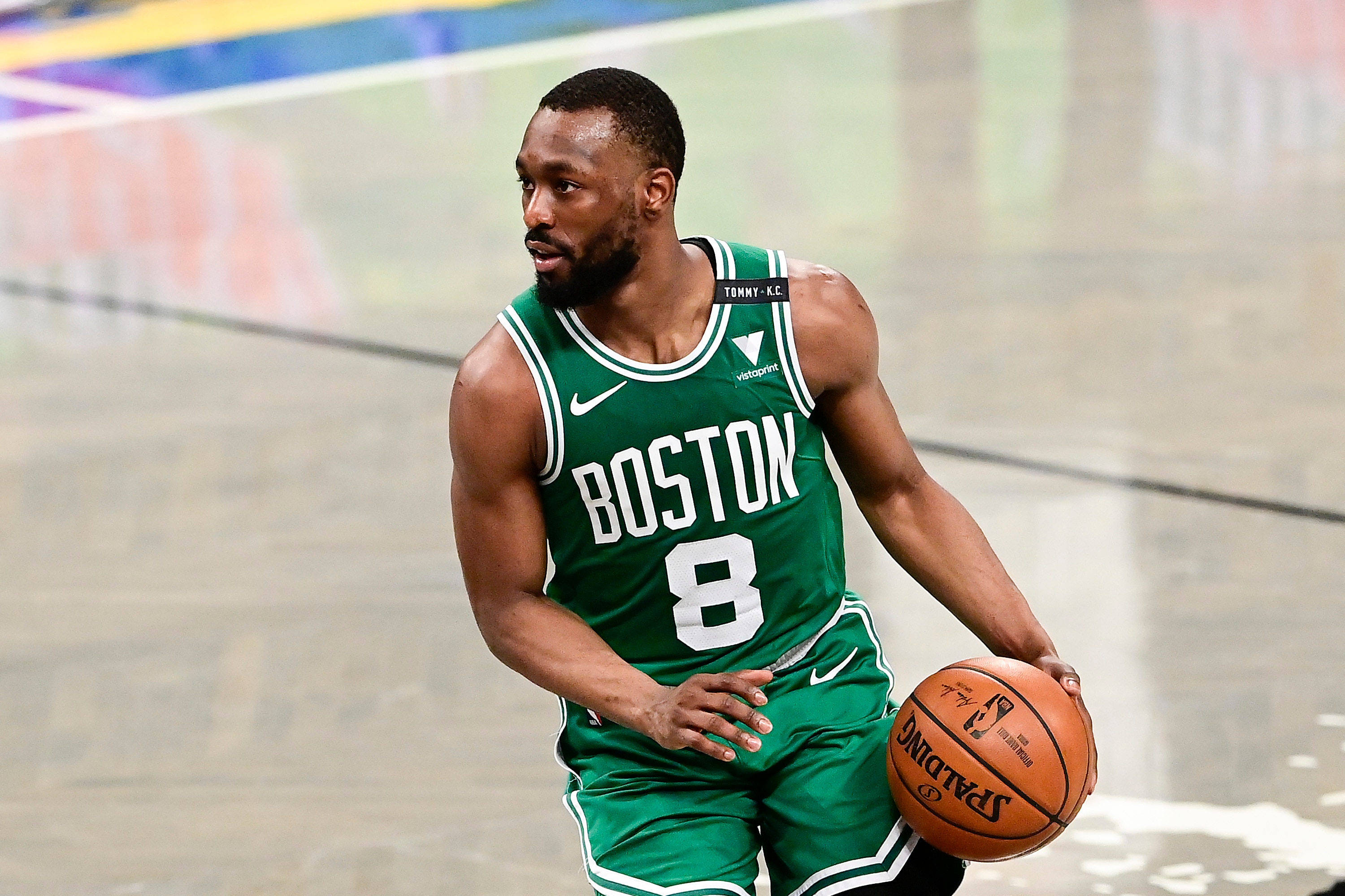 NEW YORK, NEW YORK - MAY 25:  Kemba Walker #8 of the Boston Celtics handles the ball against the Brooklyn Nets in Game Two of the First Round of the 2021 NBA Playoffs at Barclays Center on May 25, 2021 in New York City. NOTE TO USER: User expressly acknowledges and agrees that, by downloading and or using this photograph, User is consenting to the terms and conditions of the Getty Images License Agreement. (Photo by Steven Ryan/Getty Images)