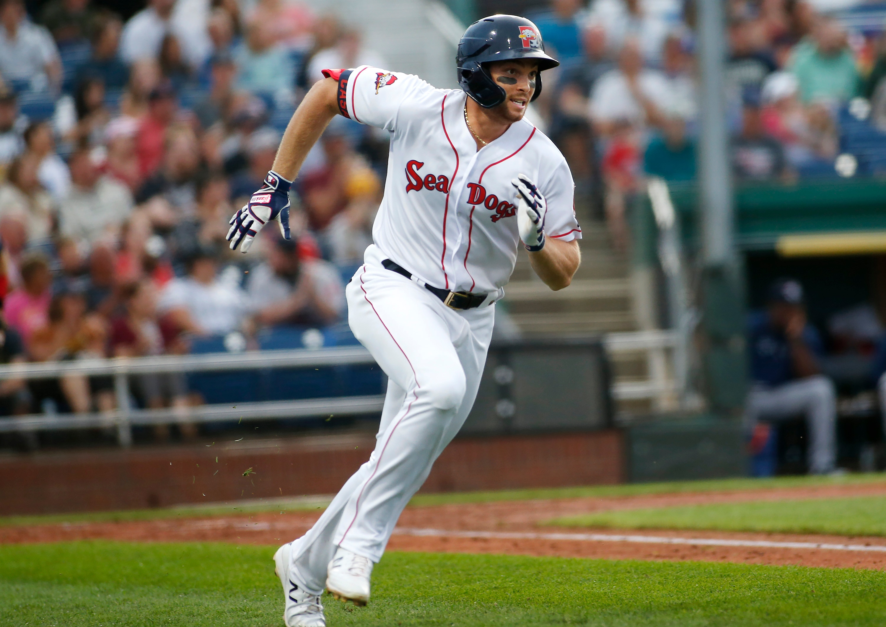 PORTLAND, ME - AUGUST 17: Portland Sea Dogs vs Binghamton Rumble Ponies. First-baseman Triston Casas singles in a run in the bottom of the fourth inning. (Staff photo by Derek Davis/Portland Press Herald via Getty Images)
