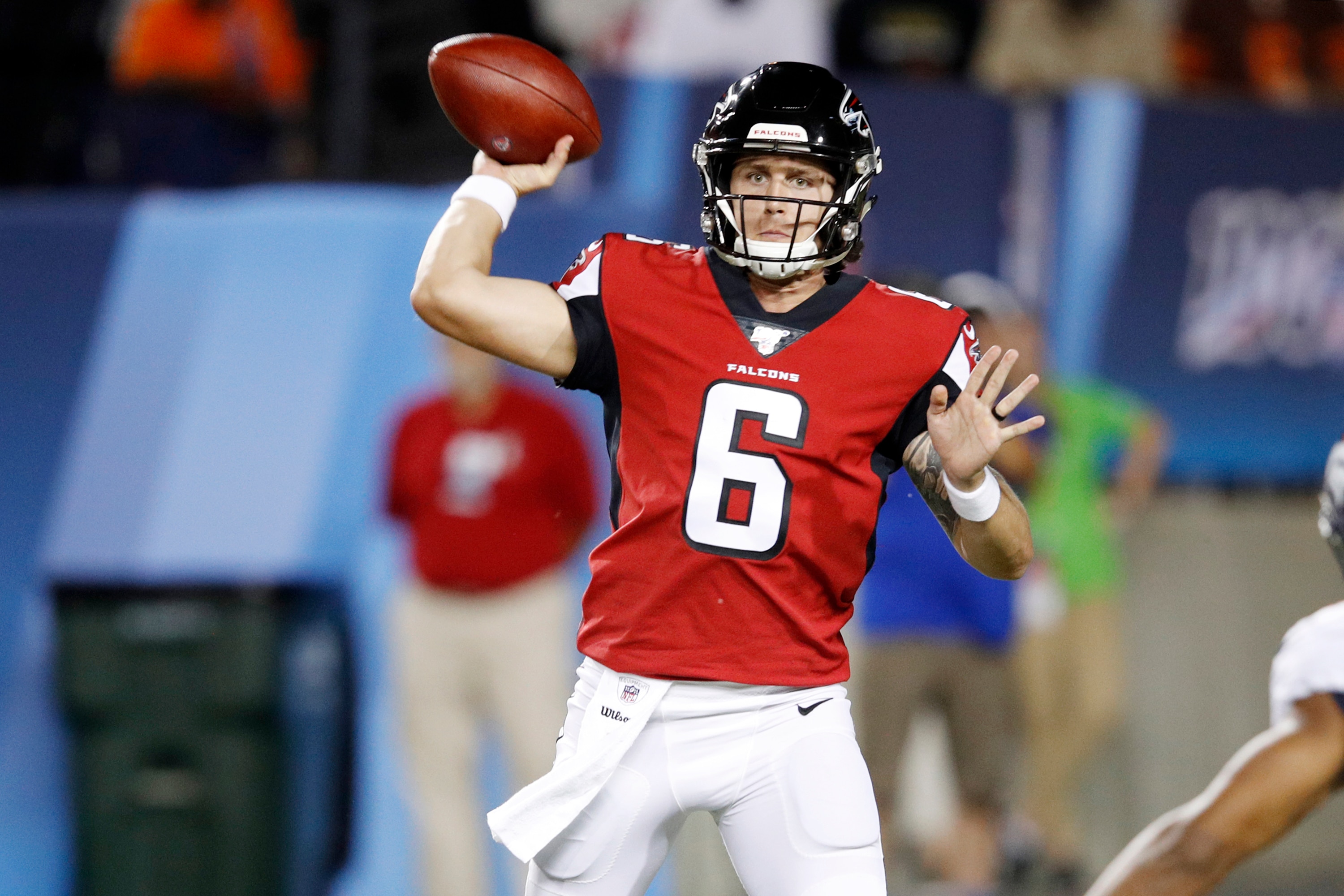 CANTON, OH - AUGUST 01: Kurt Benkert #6 of the Atlanta Falcons throws a pass in the first half of a preseason game against the Denver Broncos at Tom Benson Hall Of Fame Stadium on August 1, 2019 in Canton, Ohio. (Photo by Joe Robbins/Getty Images)