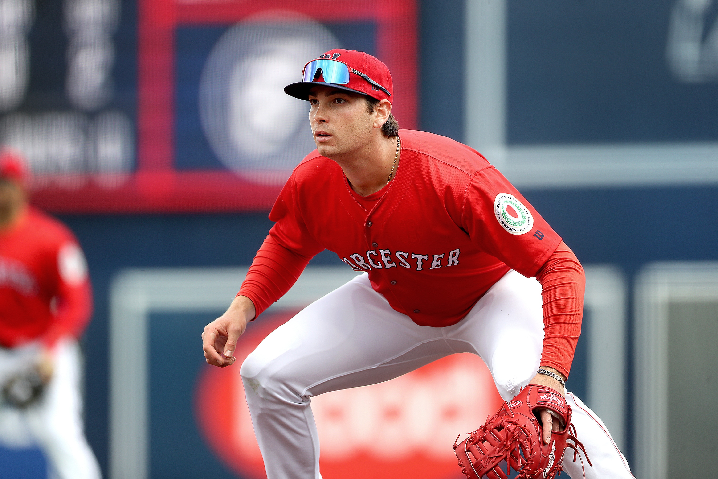 Worcester, MA - April 27: Sox Triston Casas at 1st base. The Worcester Red Sox played Buffalo Bisons at Polar Park in Worcester, MA on April 27, 2022.(Photo by John Tlumacki/The Boston Globe via Getty Images)