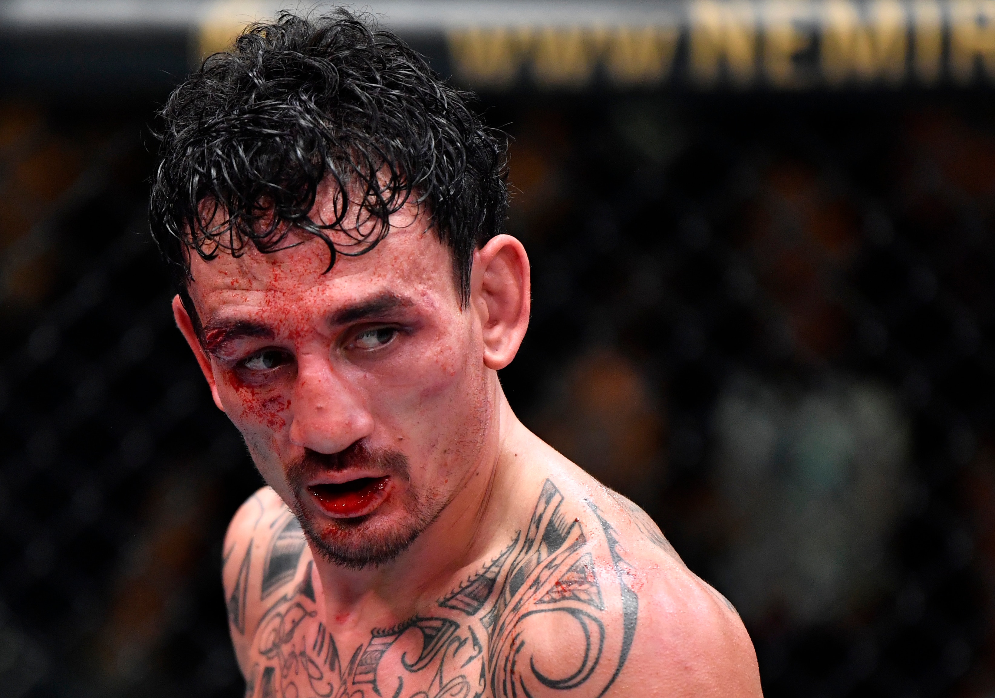 LAS VEGAS, NEVADA - NOVEMBER 13: Max Holloway reacts after the conclusion of his featherweight fight against Yair Rodriguez of Mexico during the UFC Fight Night event at UFC APEX on November 13, 2021 in Las Vegas, Nevada. (Photo by Chris Unger/Zuffa LLC)