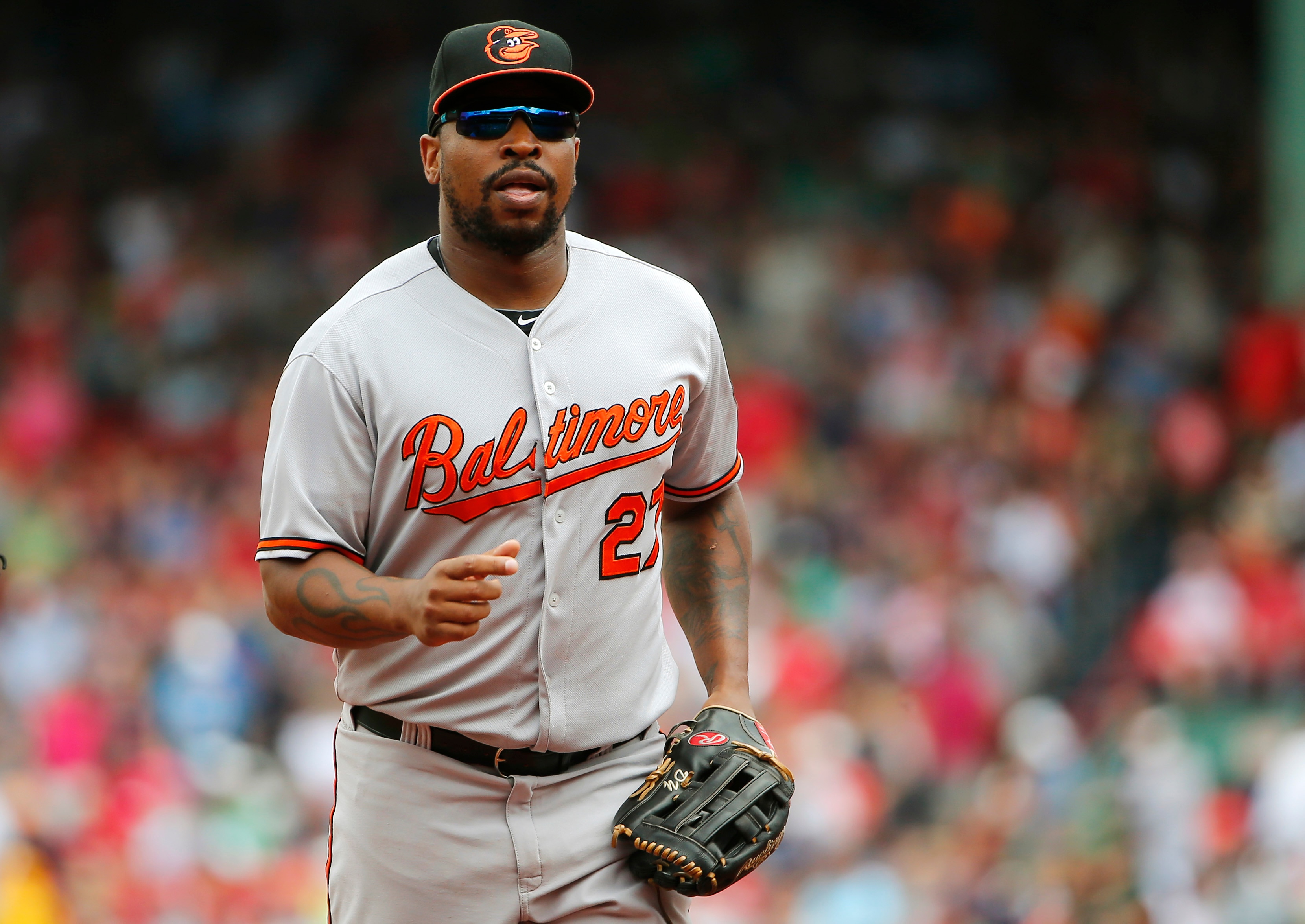 BOSTON, MA - JUNE 25:  Delmon Young #27 of the Baltimore Orioles during the fourth inning in a game against the Boston Red Sox at Fenway Park on June 25, 2015 in Boston, Massachusetts.  (Photo by Winslow Townson/Getty Images)