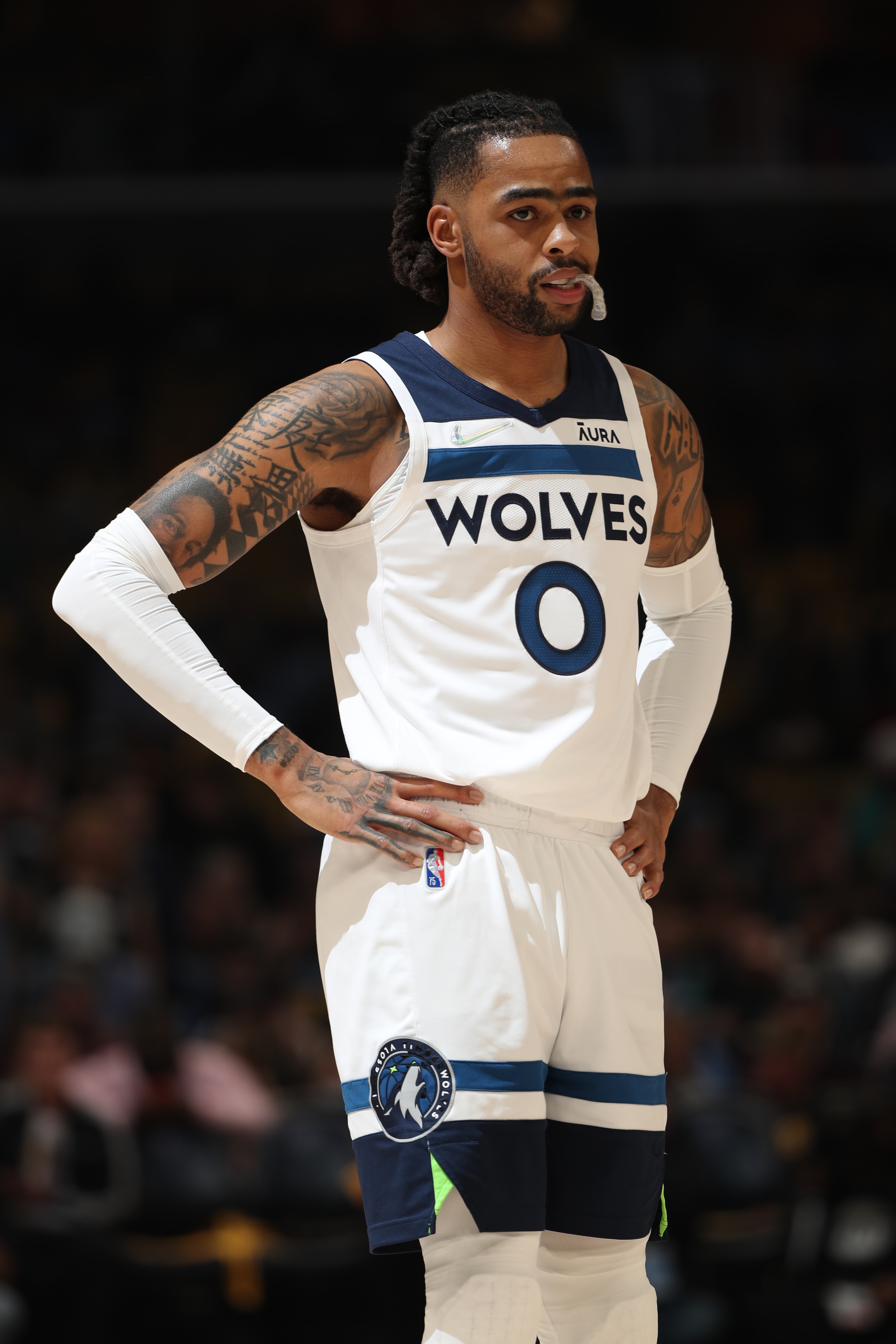 MEMPHIS, TN - APRIL 26: D'Angelo Russell #0 of the Minnesota Timberwolves looks on against the Memphis Grizzlies during Round 1 Game 5 of the 2022 NBA Playoffs on April 26, 2022 at FedExForum in Memphis, Tennessee. NOTE TO USER: User expressly acknowledges and agrees that, by downloading and or using this photograph, User is consenting to the terms and conditions of the Getty Images License Agreement. Mandatory Copyright Notice: Copyright 2022 NBAE (Photo by Joe Murphy/NBAE via Getty Images)