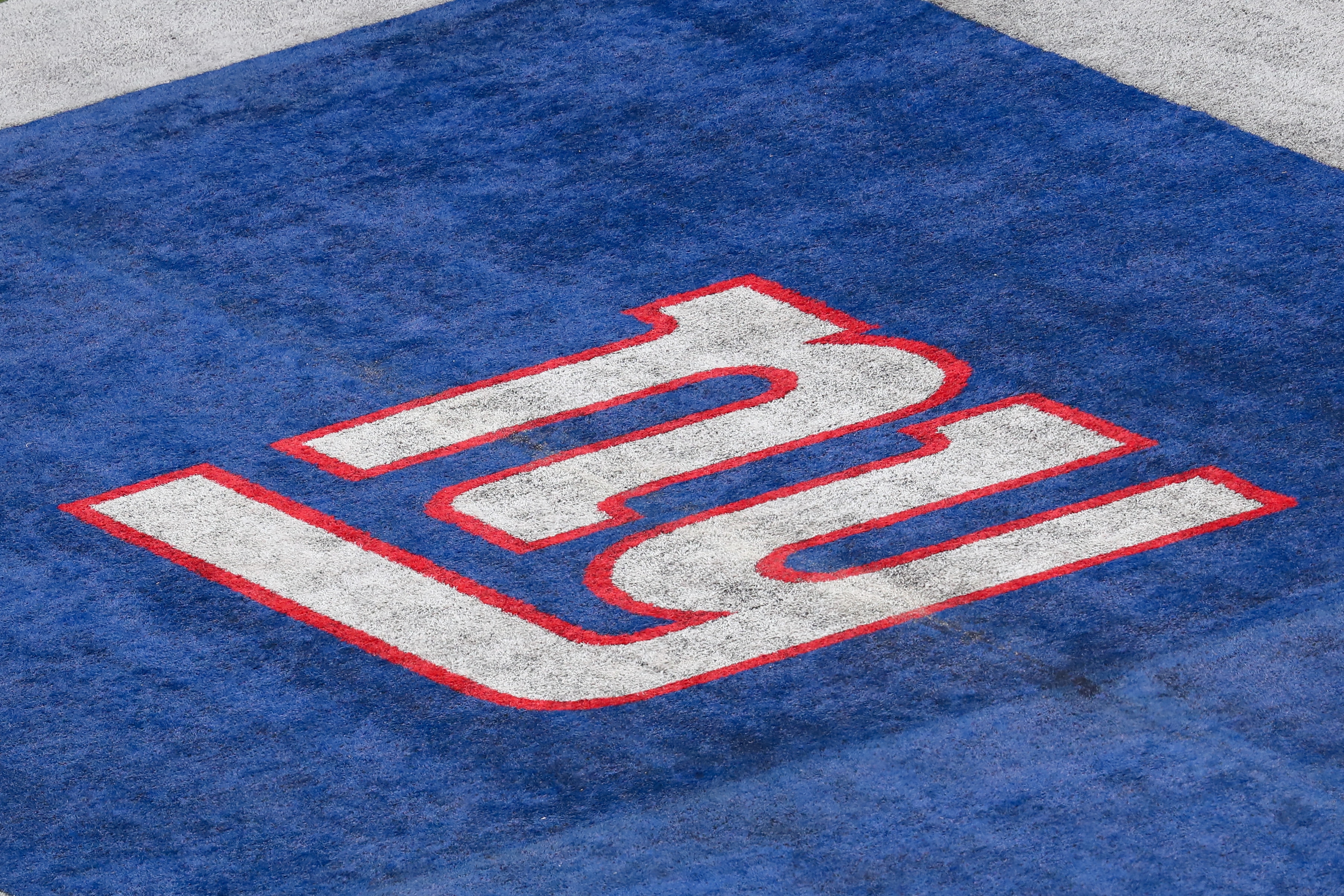 EAST RUTHERFORD, NJ - DECEMBER 15: A general view of the New York Giants end zone logo during the National Football League game between the New York Giants and the Miami Dolphins on December 15, 2019 at MetLife Stadium in East Rutherford, NJ.  (Photo by Rich Graessle/Icon Sportswire via Getty Images)