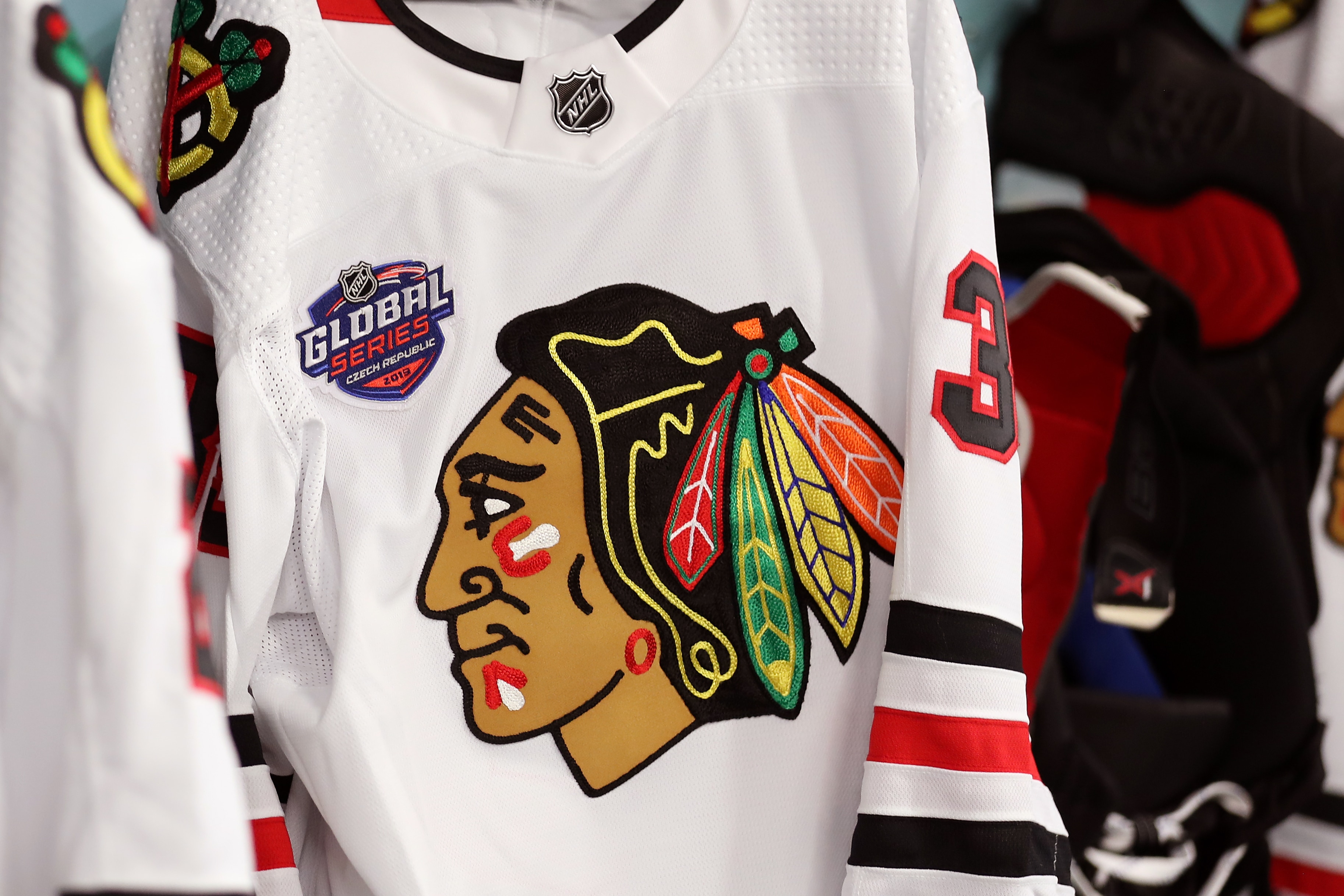 PRAGUE, CZECH REPUBLIC - OCTOBER 04: A Chicago Blackhawks jersey in the locker room prior to the NHL Global Series Challenge 2019 match between the Chicago Blackhawks and Philadelphia Flyers at O2 Arena on October 4, 2019 in Prague, Czech Republic. (Photo by Chase Agnello-Dean/NHLI via Getty Images) PRAGUE, CZECH REPUBLIC - OCTOBER 04: A Chicago Blackhawks jersey in the locker room prior to the NHL Global Series Challenge 2019 match between the Chicago Blackhawks and Philadelphia Flyers at O2 Arena on October 4, 2019 in Prague, Czech Republic. (Photo by Chase Agnello-Dean/NHLI via Getty Images)
