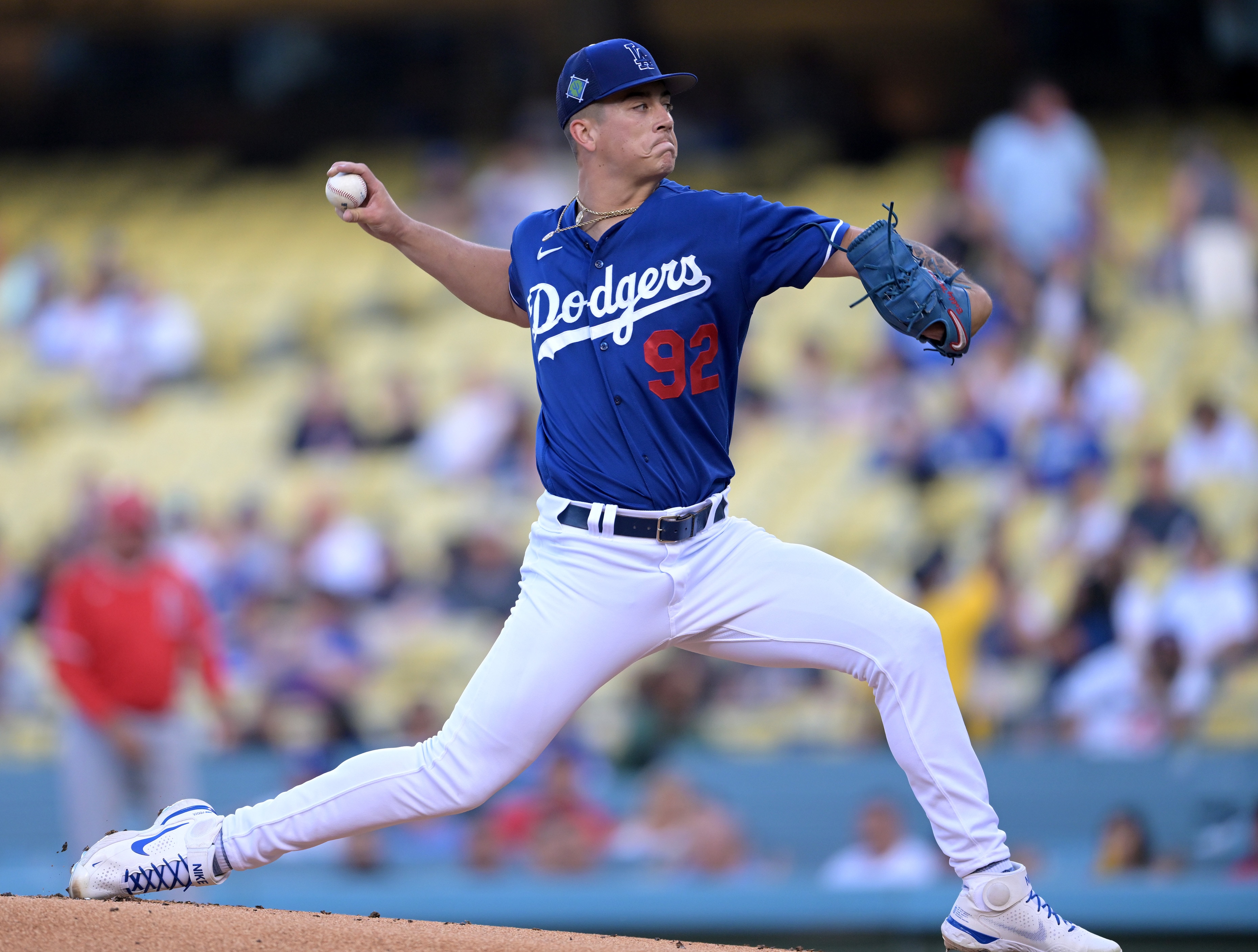 LOS ANGELES, CA - APRIL 5; Bobby Miller #92 of the Los Angeles Dodgers pitches in the preseason game against the Los Angeles Angels at Dodger Stadium on April 5, 2022 in Los Angeles, California. (Photo by Jayne Kamin-Oncea/Getty Images)