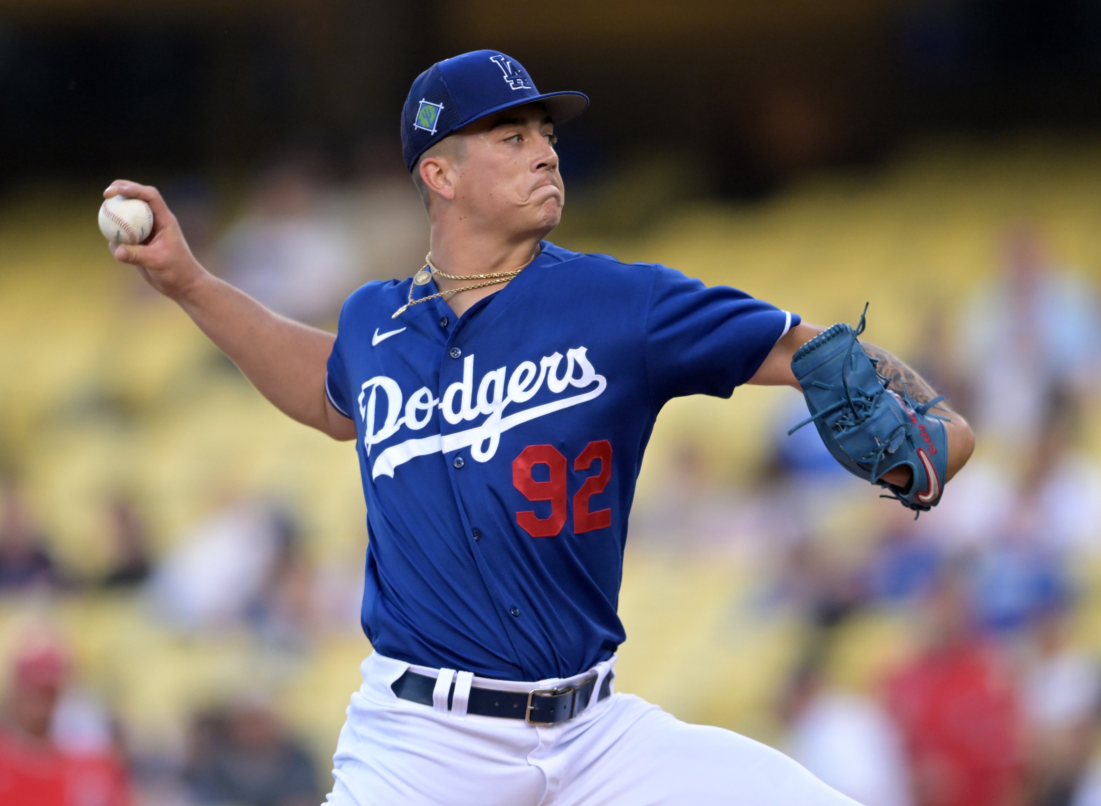 LOS ANGELES, CA - APRIL 5; Bobby Miller #92 of the Los Angeles Dodgers pitches in the preseason game against the Los Angeles Angels at Dodger Stadium on April 5, 2022 in Los Angeles, California. (Photo by Jayne Kamin-Oncea/Getty Images)