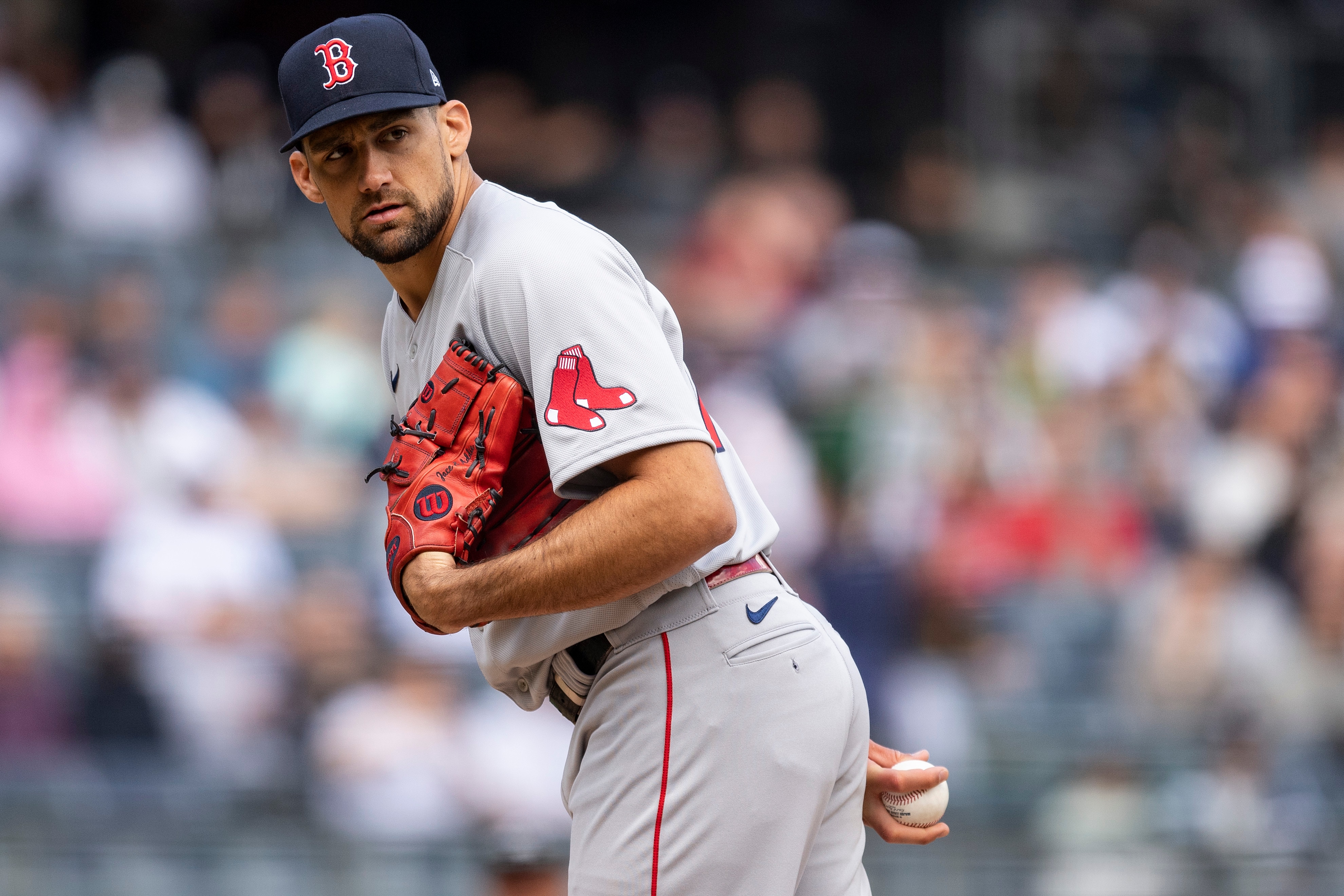 NEW YORK, NY - APRIL 8: Nathan Eovaldi #17 of the Boston Red Sox looks on during the first inning of the 2022 Major League Baseball Opening Day game against the New York Yankees on April 8, 2022 at Yankee Stadium in the Bronx borough of New York City. (Photo by Billie Weiss/Boston Red Sox/Getty Images)