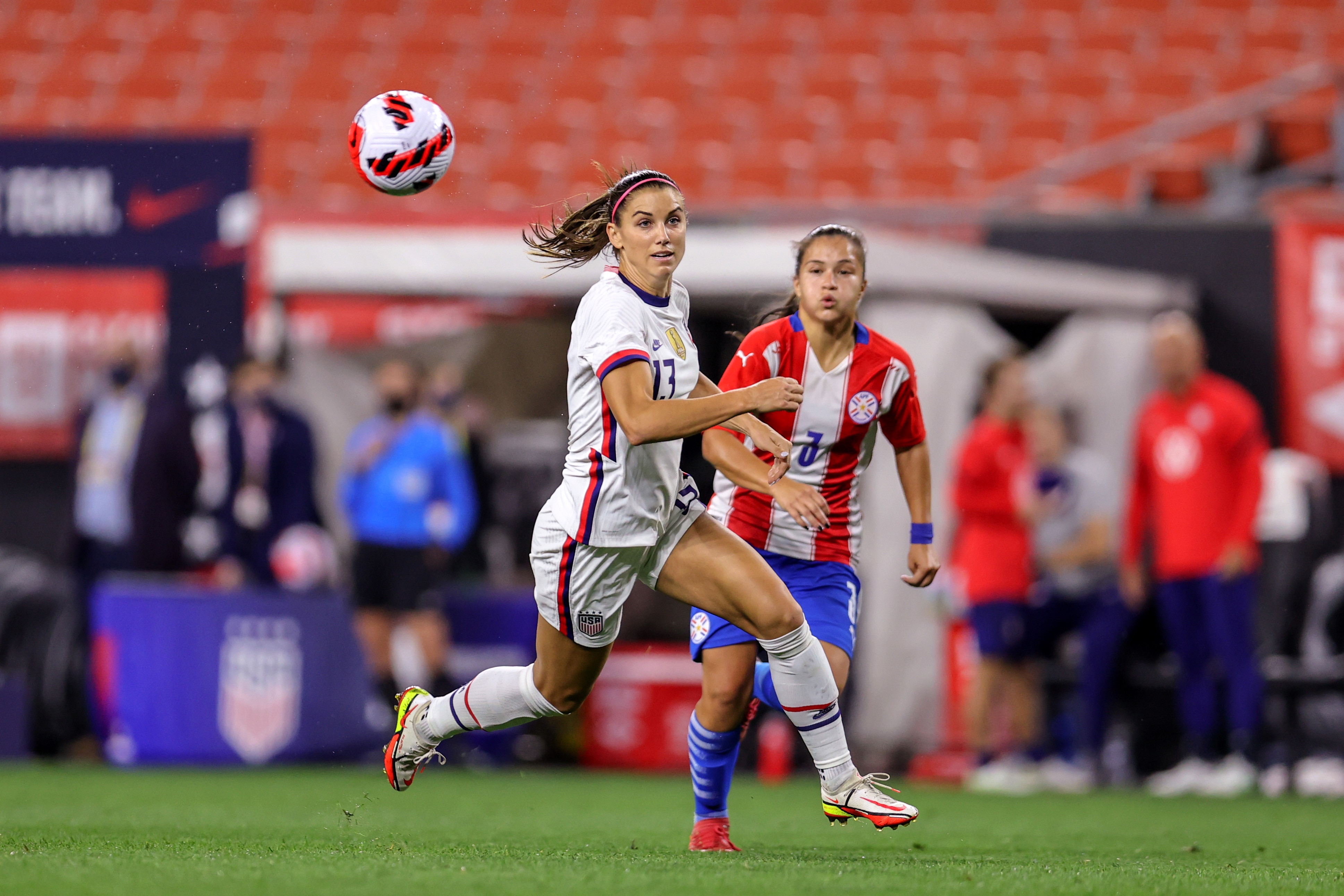 CLEVELAND, OH - SEPTEMBER 16: United States  forward Alex Morgan (13) plays the ball during the second half of the International Friendly between the United States and Paraguay on September 16, 2021, at FirstEnergy Stadium in Cleveland, OH. (Photo by Frank Jansky/Icon Sportswire via Getty Images)